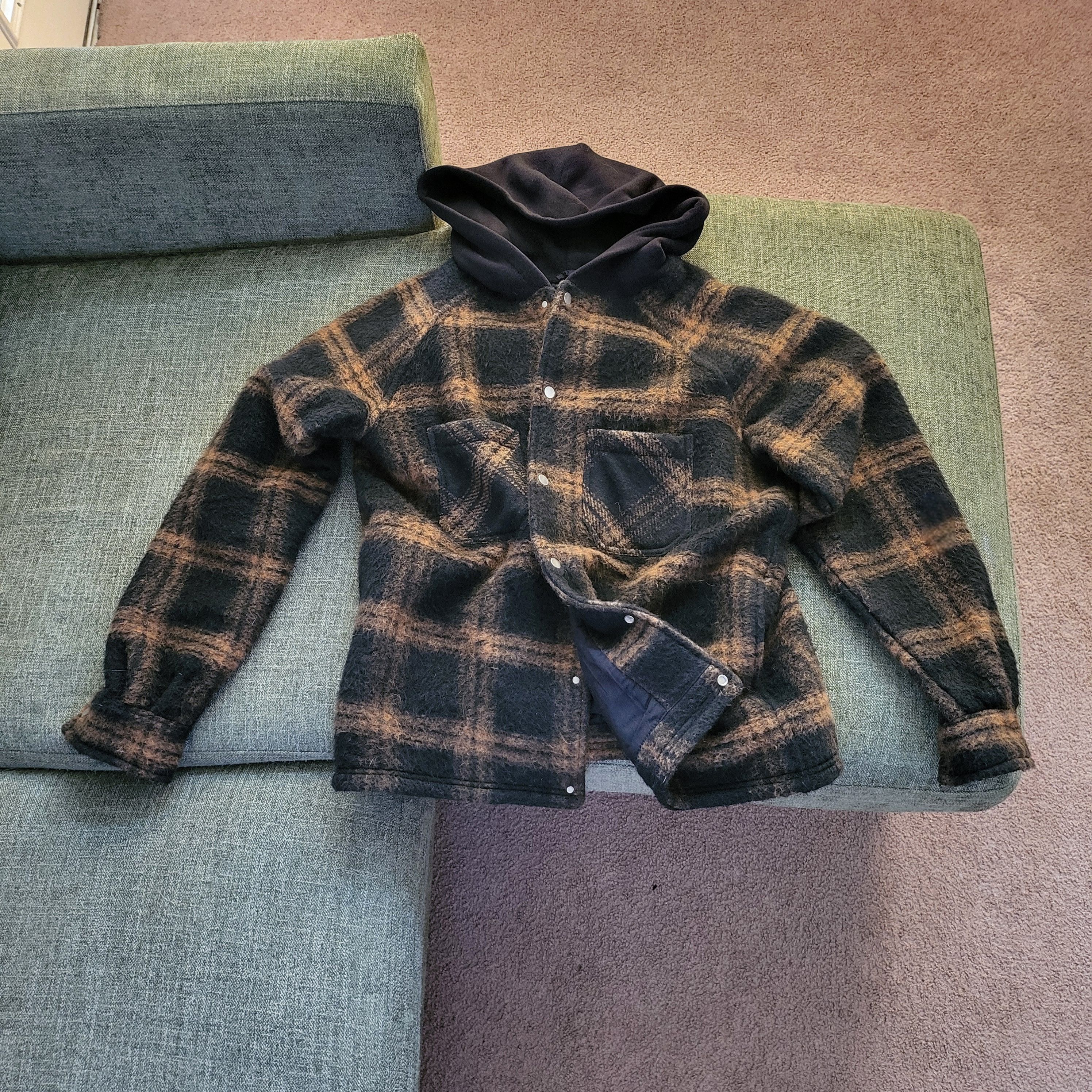 image of Represent Clo Represent - Hooded Overshirt (Plaid Rust) in Black Brown, Men's (Size Small)