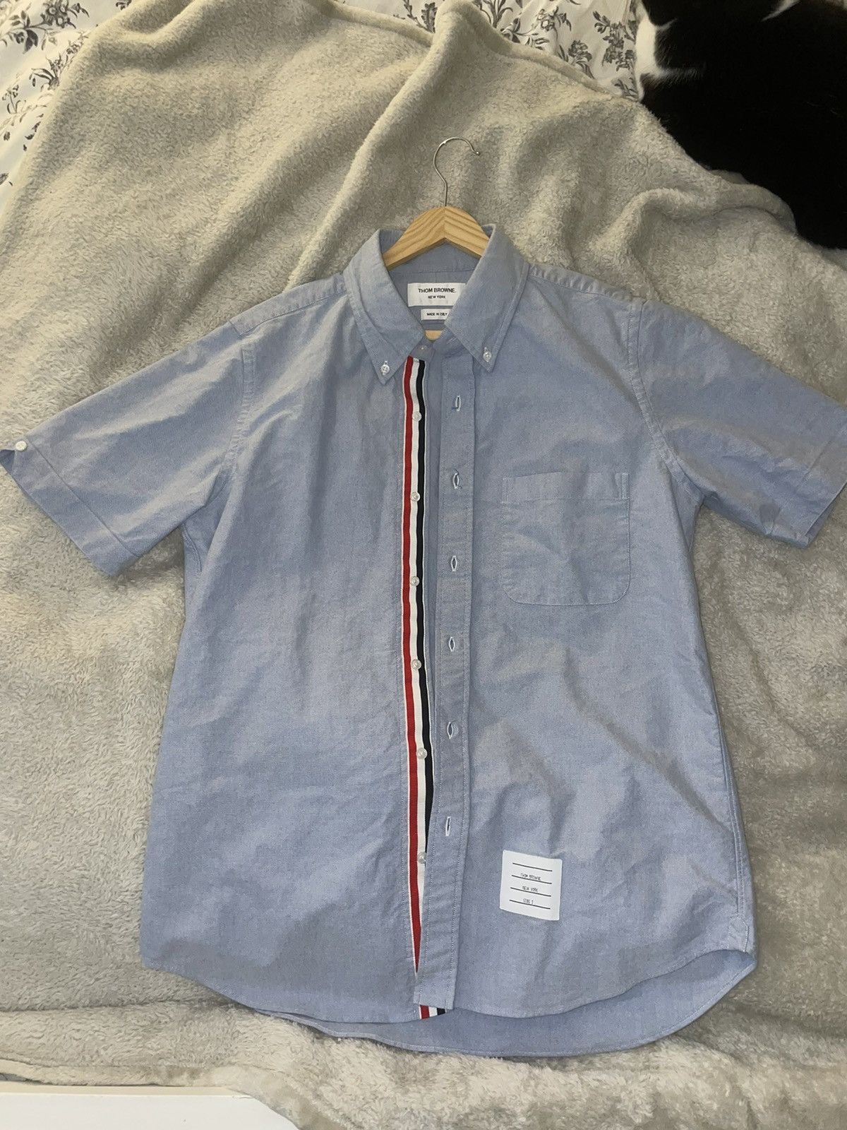 image of Thom Browne Short Sleeve Oxford Blue Button Up Shirt, Men's (Size Medium)