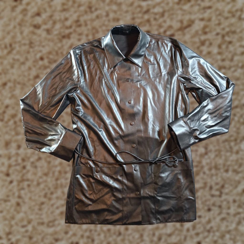 Theory Theory Top Womens Size Medium Black Vegan Leather Snap Button Belted Long Sleeve Blouse Size M / US 6-8 / IT 42-44 - 1 Thumbnail