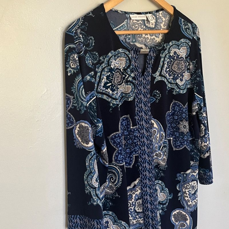 Designer Susan Graver Paisley Tunic Top Navy Blue Size XL / US 12-14 / IT 48-50 - 2 Thumbnail