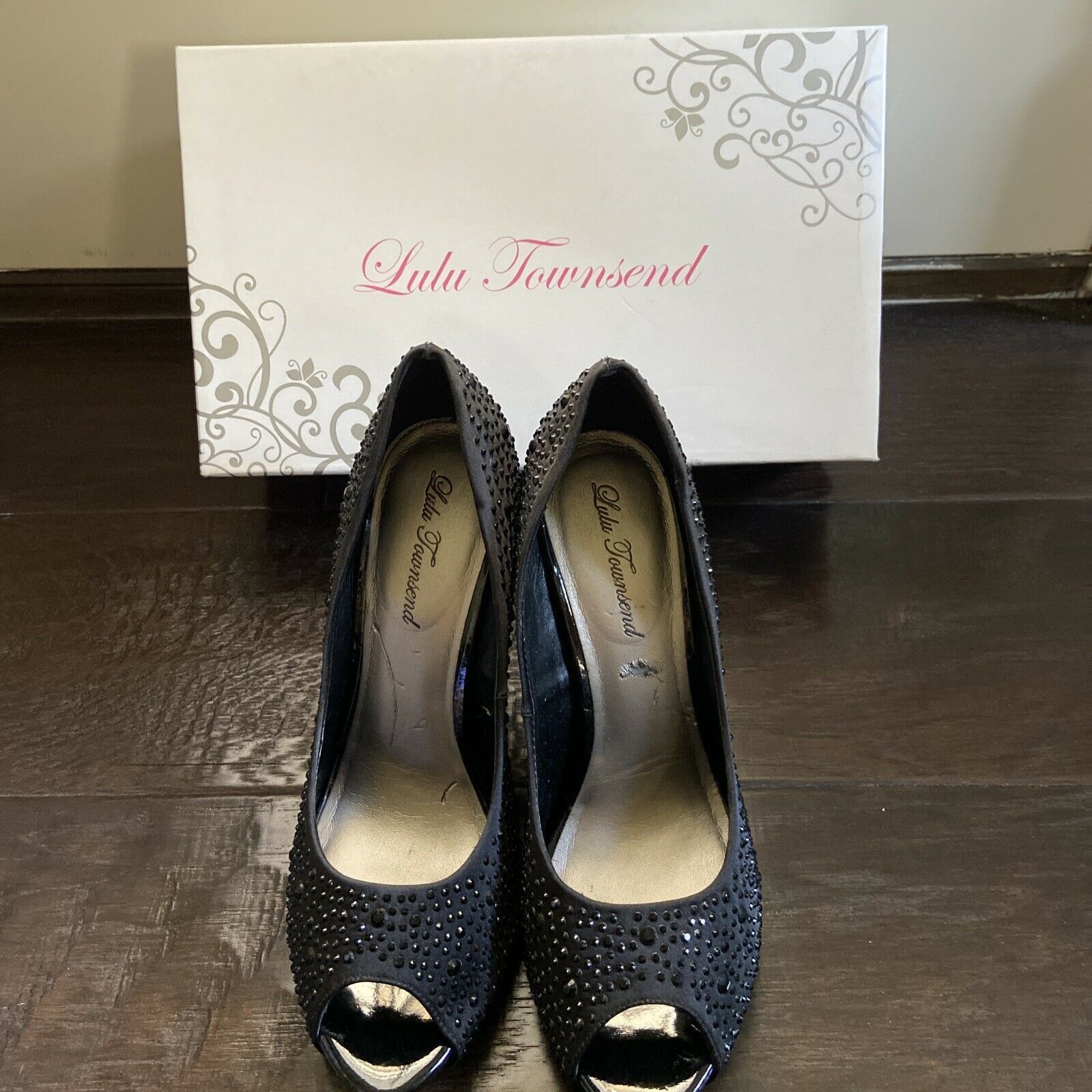 Other Lulu Townsend Black Satin Rhinestone Peep Toe Heels Size 9.5 Size US 9.5 / IT 39.5 - 2 Thumbnail