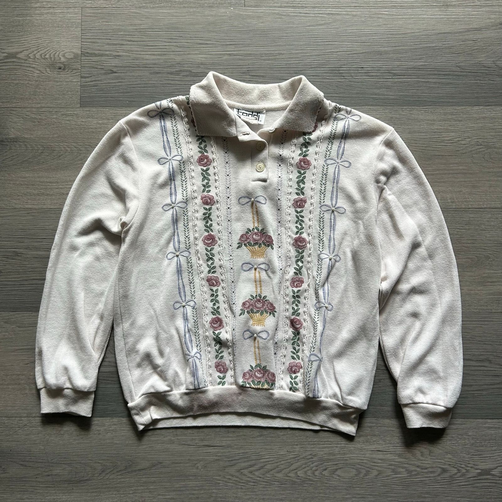 Other Vintage 80s cottage core Floral Embroidered Knit Polo Shirt Size L / US 10 / IT 46 - 1 Thumbnail