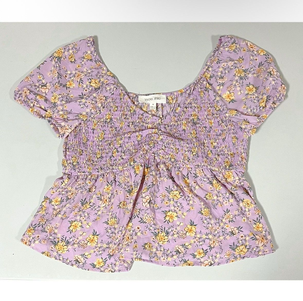 Pink Purple Pastel Floral Shirred Babydoll Shirt Blouse Size M 🪻✨ Size M / US 6-8 / IT 42-44 - 1 Thumbnail