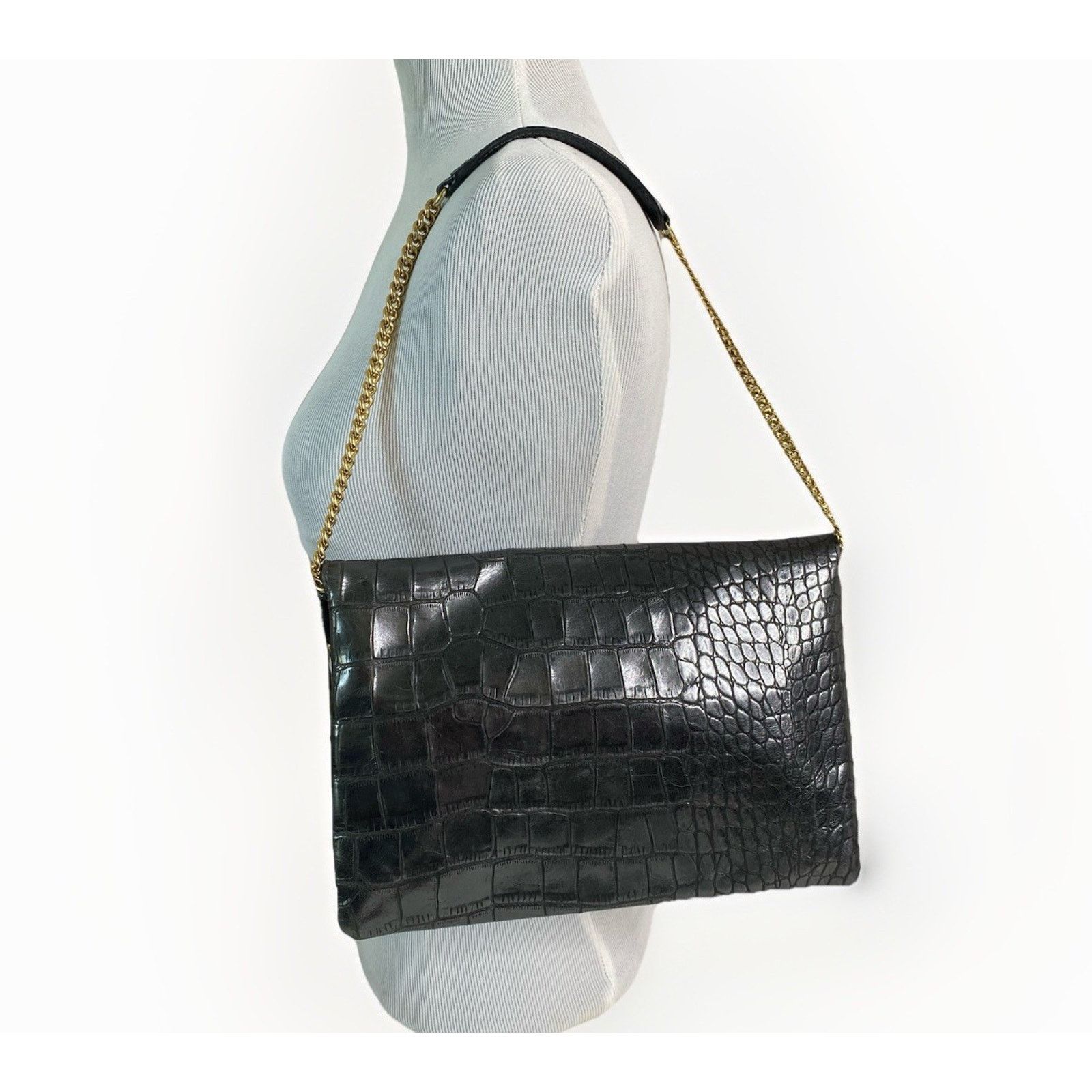 Henri Bendel Henri Bendel BLK Croc Embossed Leather Envelope Bag Shoulder Size ONE SIZE - 2 Thumbnail