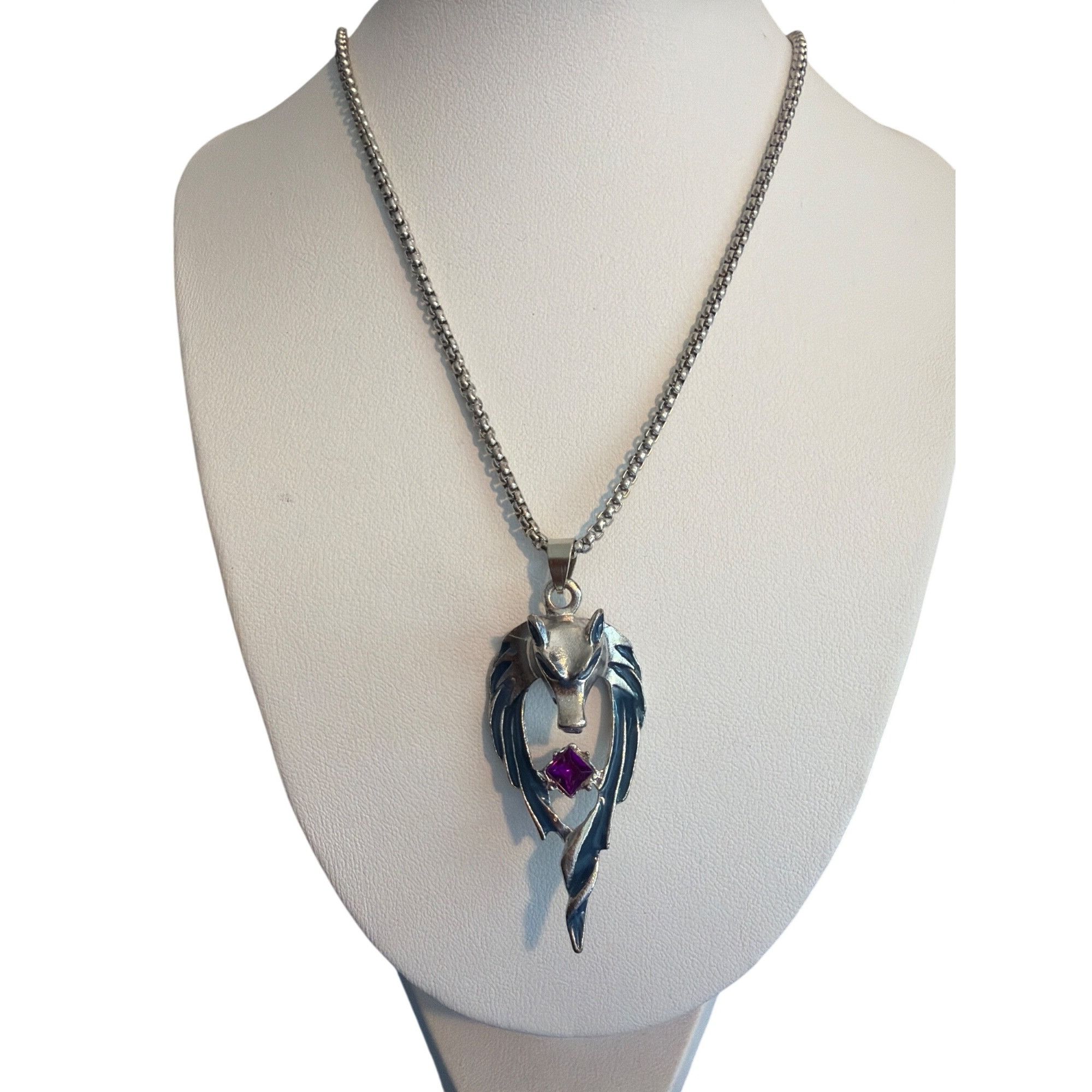 Other Wolf Head Pendant Necklace Silver Tone Purple Rhinestone Blu Size ONE SIZE - 1 Thumbnail