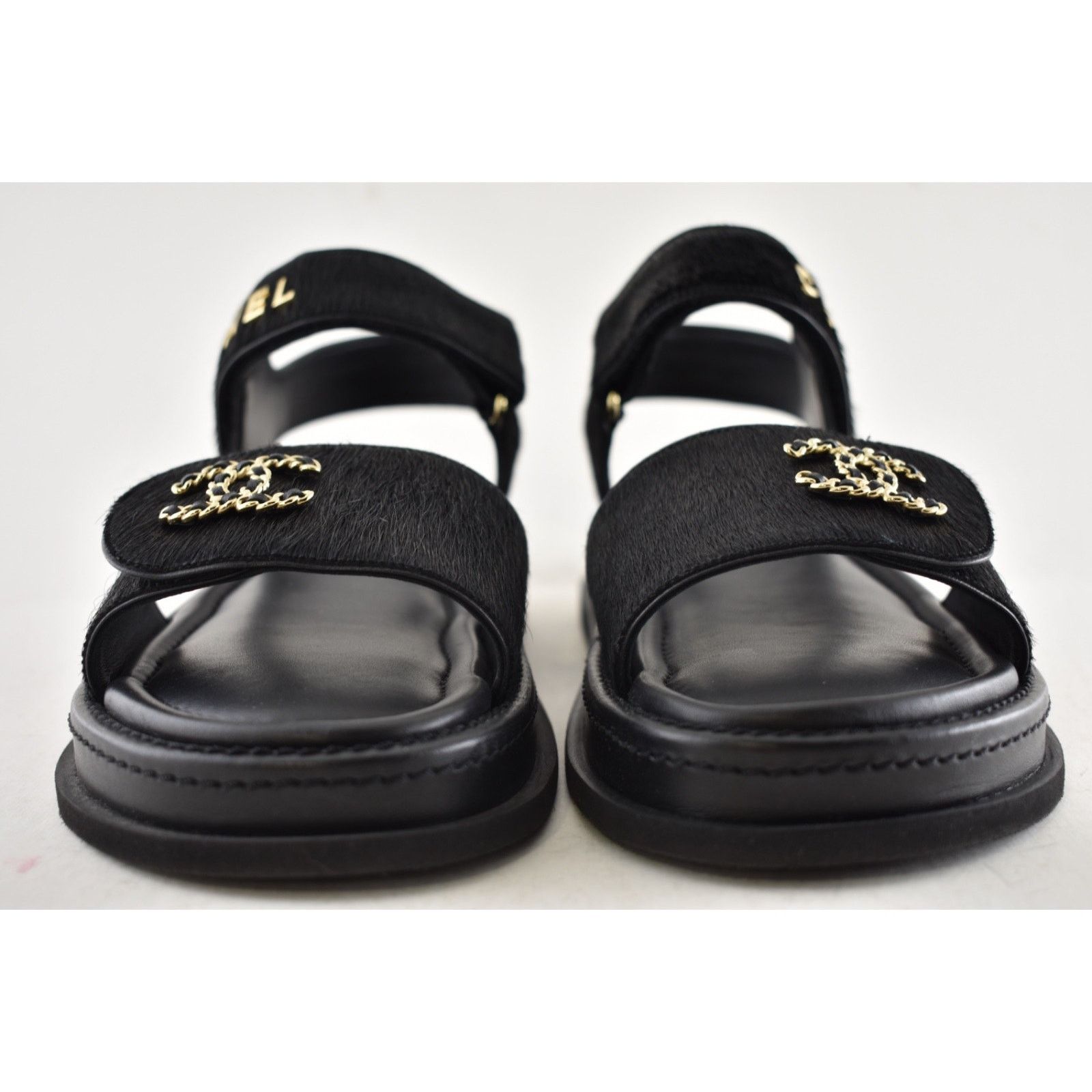 Chanel Chanel 24B Black Calf Hair Gold CC Logo Flat Dad Sandal 36 Size US 5 / IT 35 - 9 Thumbnail