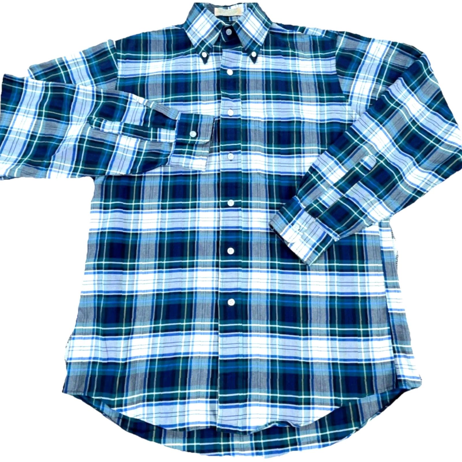 Vintage VINTAGE LL Bean Shirt Men 15.5 35 Large Blue Plaid Button Up Oxford Dress Medium VTG 90s Size 42R - 2 Thumbnail