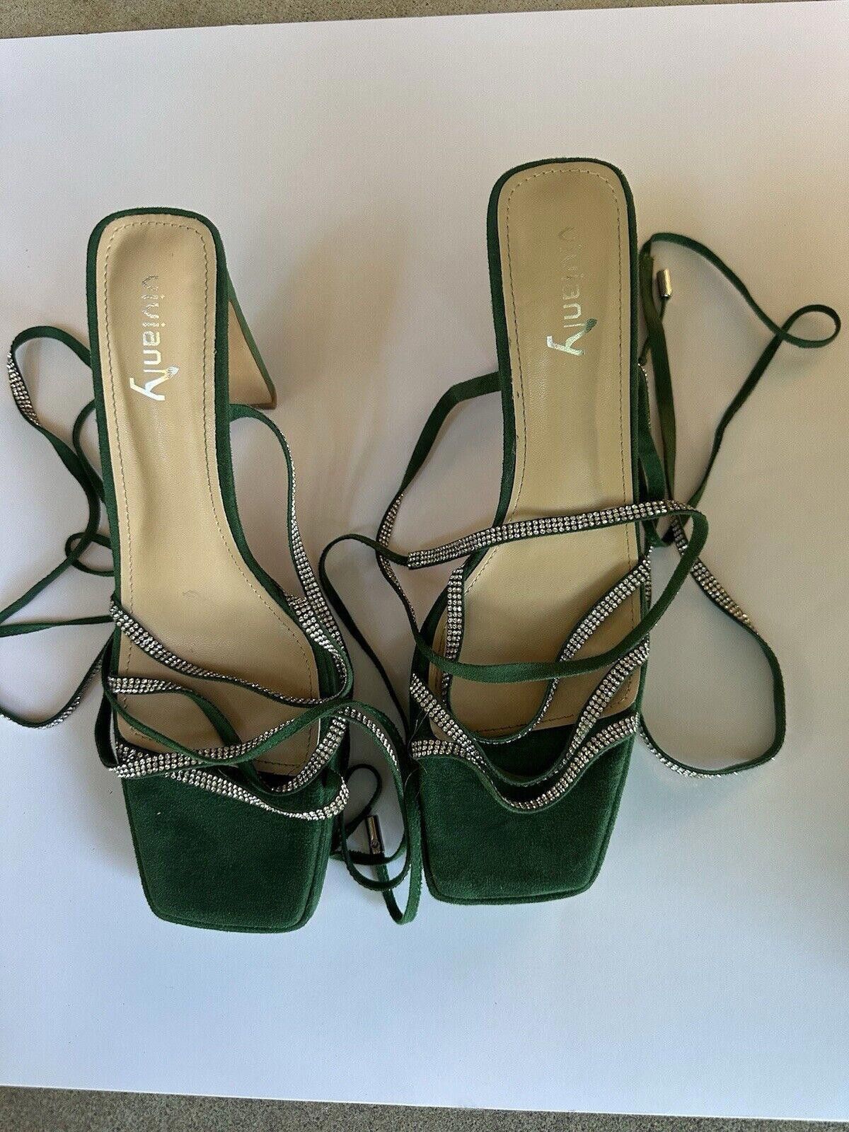 Designer Womens Lace Up 9.5 Strap Up Heels Vivianly Green Embellished Size US 9.5 / IT 39.5 - 1 Thumbnail