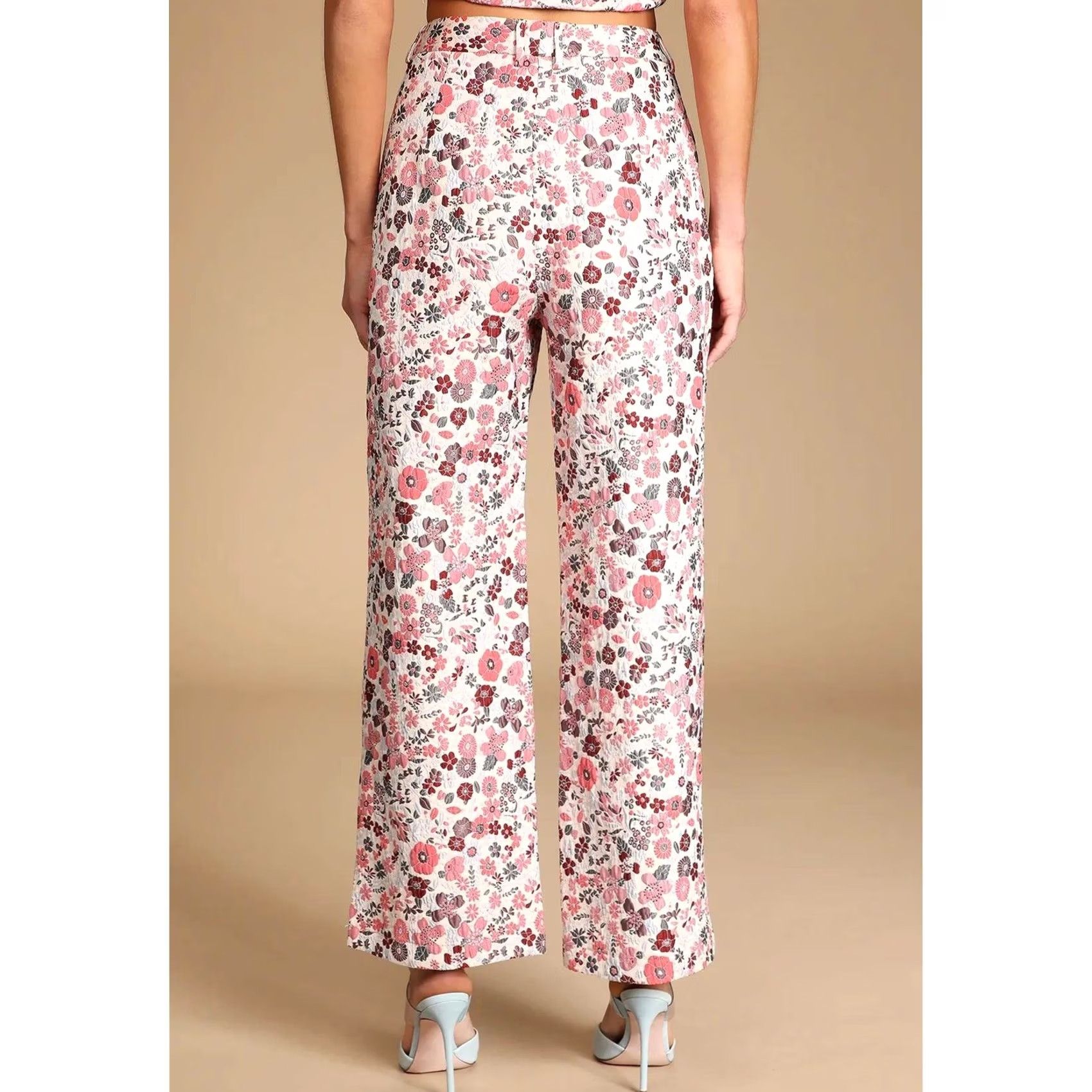Lulus Lulus Women's Bloom into Spring Blush Floral Jacquard Wide-Leg Pants XL Red Floral Wide-Leg Pants Women XL Size 40" / US 18 - 4 Thumbnail
