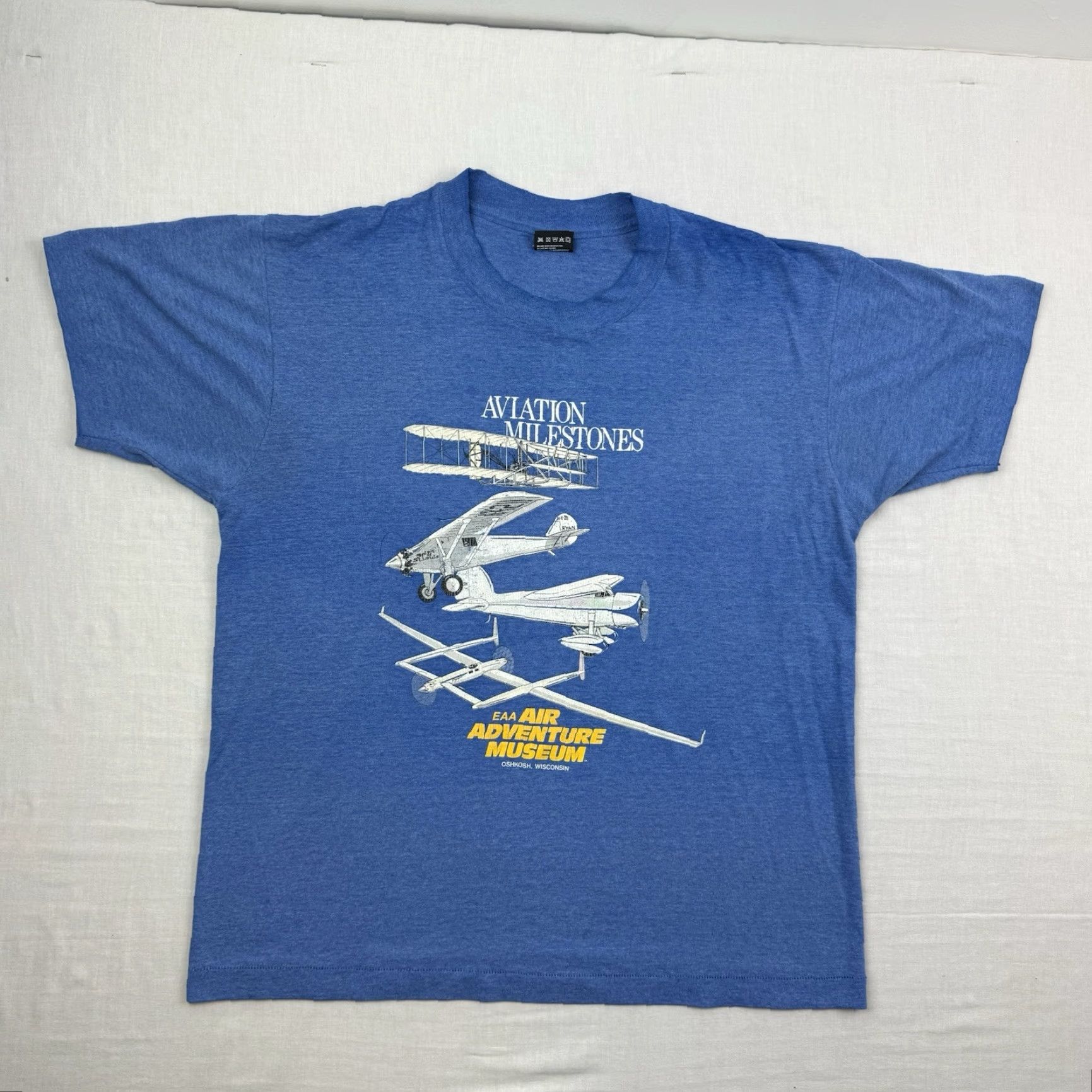 Fruit Of The Loom VINTAGE Airplane T Shirt Adult Large Blue Aviation Milestones Museum Graphic 80s 90s Mens Size US L / EU 52-54 / 3 - 2 Thumbnail