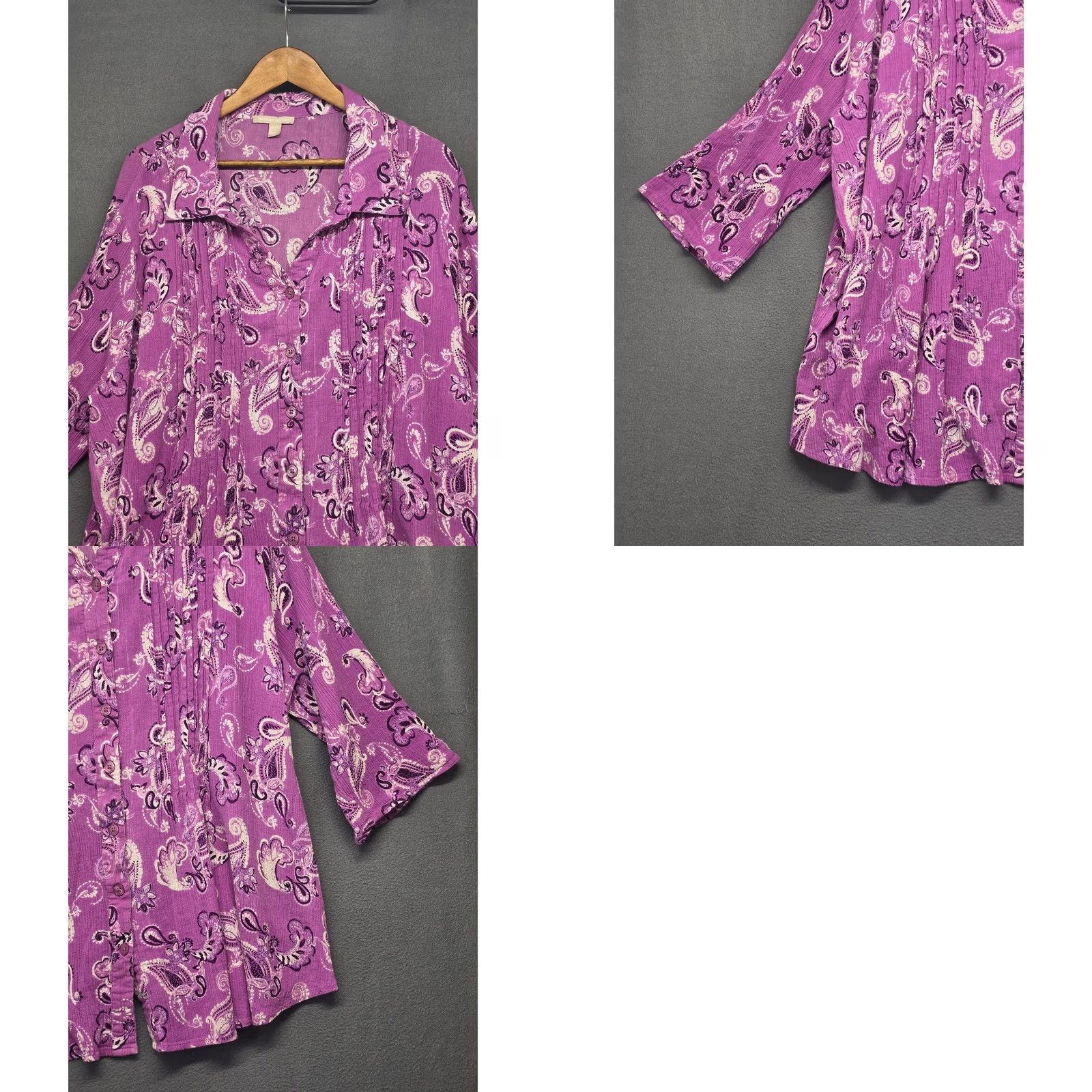 Vintage Woman Within Top Womens 3X Purple Paisley Button Front V Neck Stretch Shirt Females Size XXL / US 16-18 / IT 52-54 - 8 Thumbnail