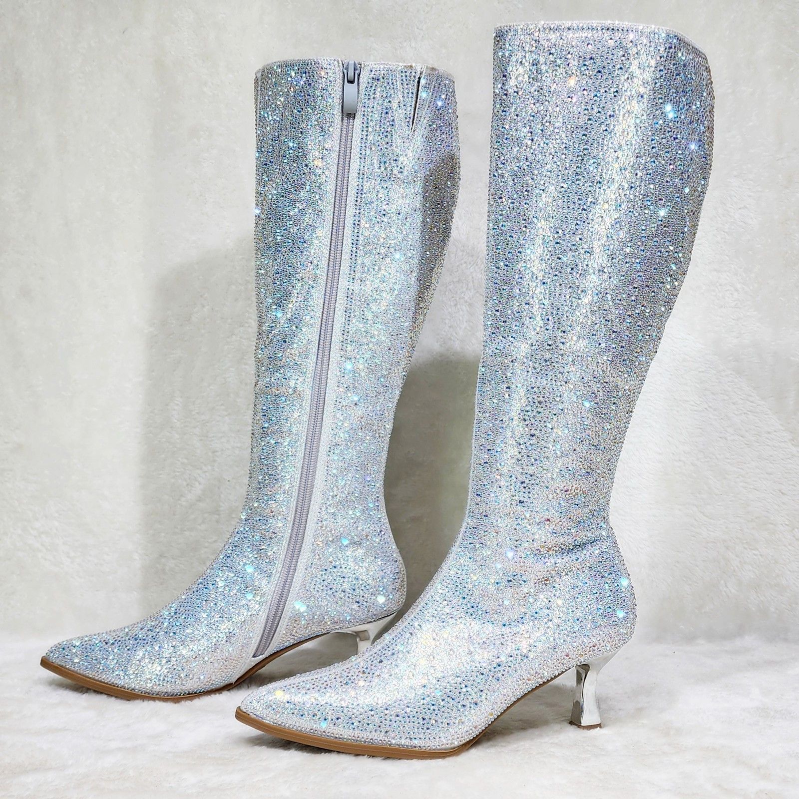 Other Silver Rhinestone Knee Boots 2.5" Kitten Heels Wide Friendly Size US 8.5 / IT 38.5 - 6 Thumbnail