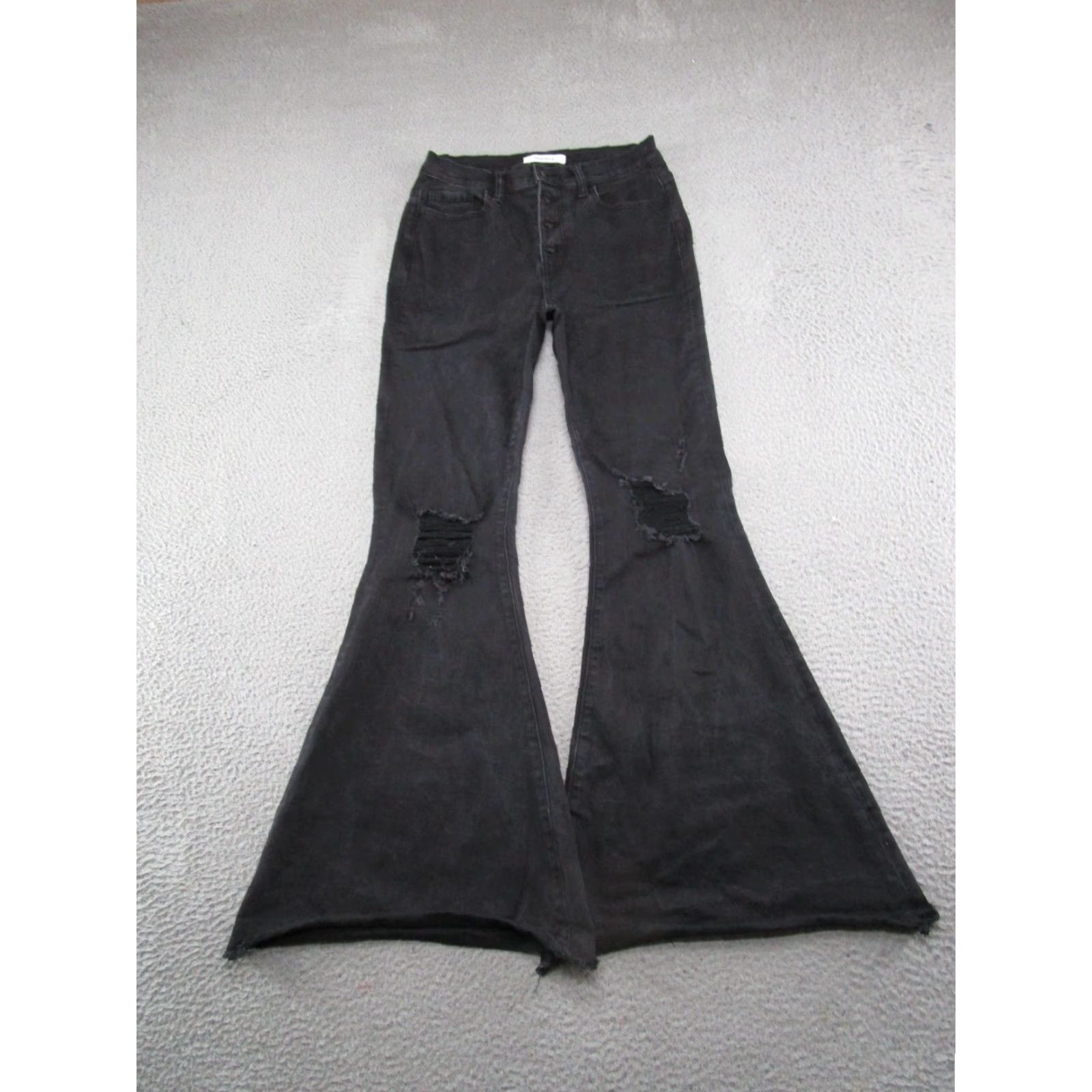 Vintage Zenana Women's Black Denim Button Fly Bell Bottom Flared Jeans Size 28 Distress Size 28" / US 6 / IT 42 - 2 Thumbnail
