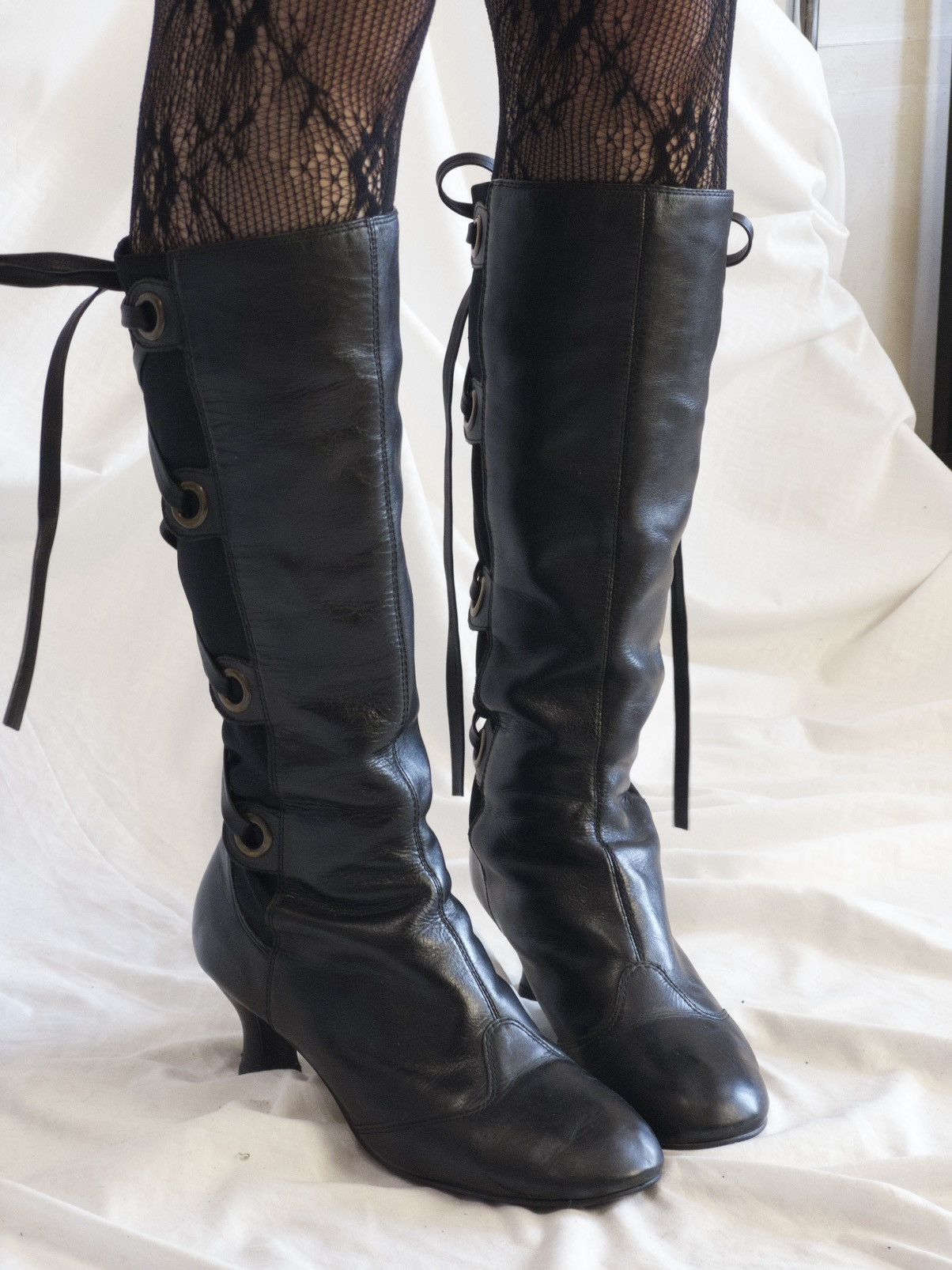Vintage Black lace-up knee high boots with elastic back panel Size US 9 / IT 39 - 8 Thumbnail