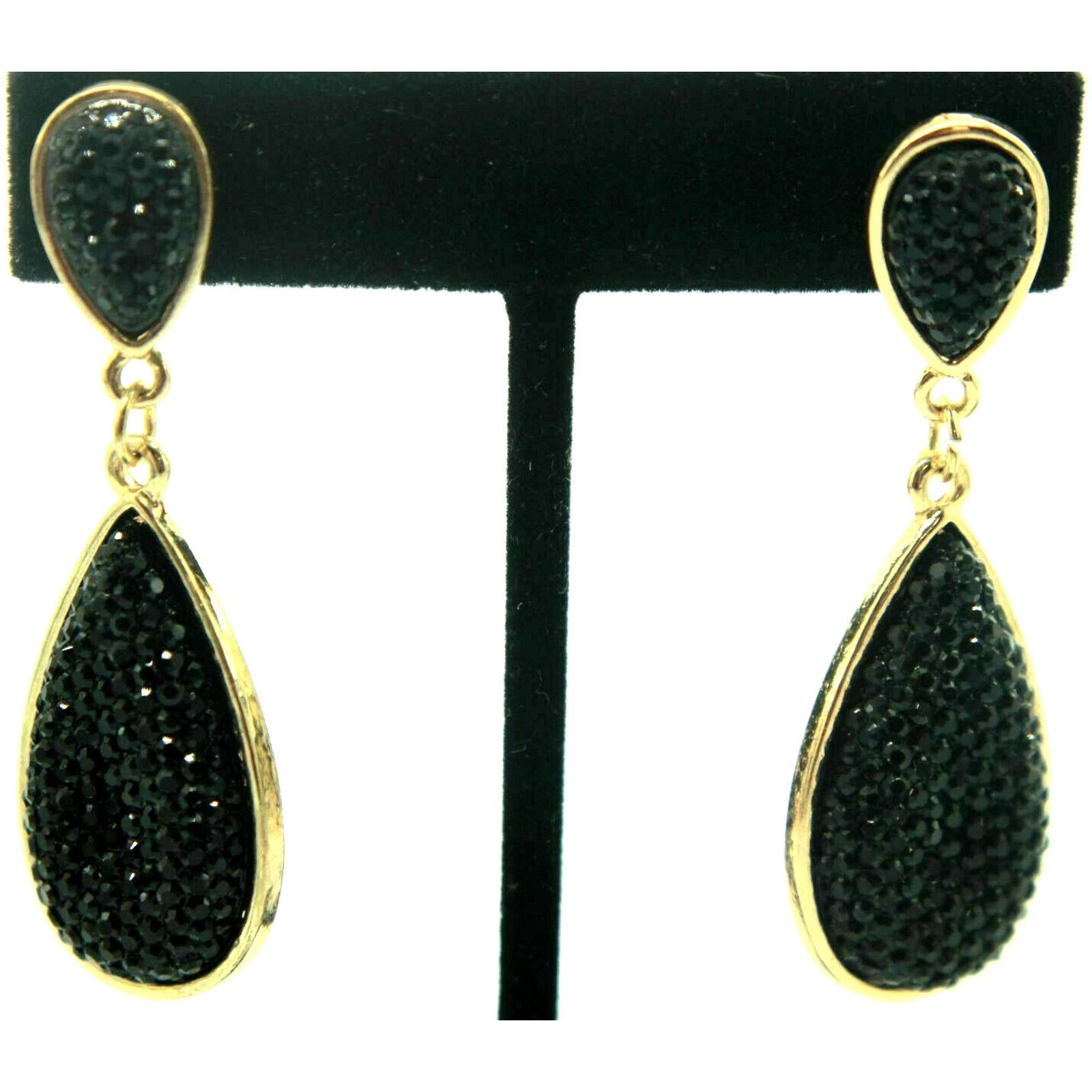 Other Black Rhinestone Studded Pierced Earrings • 2-1/4" Long Drop Size ONE SIZE - 1 Thumbnail