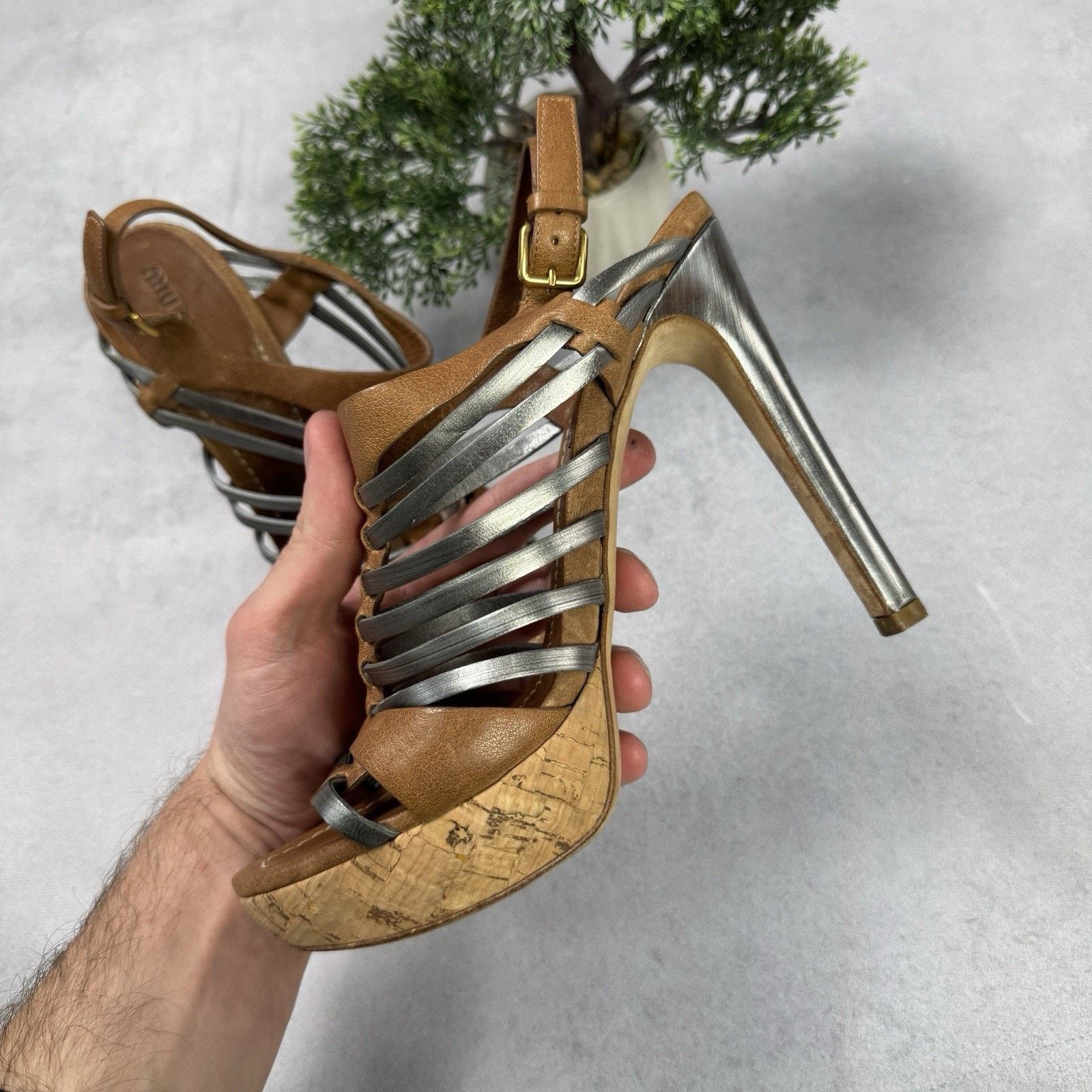 Miu Miu Miu Miu Platform Strappy Brown/ Silver Heels Sandals Size US 8.5 / IT 38.5 - 18 Thumbnail