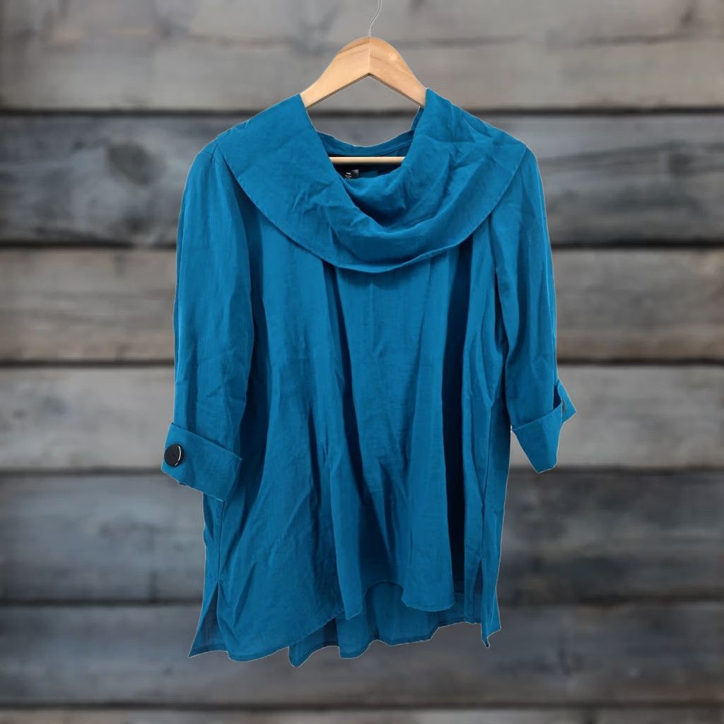 Vintage Ali Miles Tunic Top Womens PM Teal Blue Cowl Neck Button Tab Roll-Sleeve Rayon Size M / US 6-8 / IT 42-44 - 1 Thumbnail