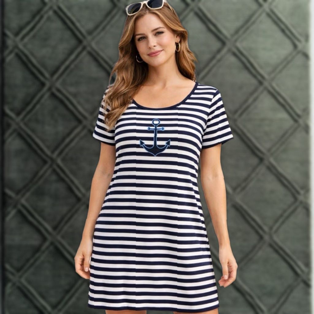 Vintage Love Ari T-Shirt Dress Navy & White Stripe Beach Sailor Short Sleeve Knee Length Womens M Size M / US 6-8 / IT 42-44 - 1 Thumbnail