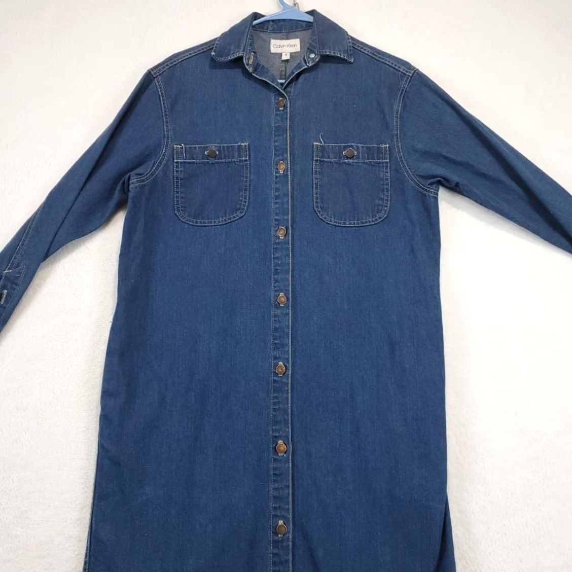 Calvin Klein VINTAGE Calvin Klein Denim Jumper Dress Long Sleeve Midi Blue 7 Women USA 80s Retro Shirt Dress with Pockets Size M / US 6-8 / IT 42-44 - 3 Thumbnail