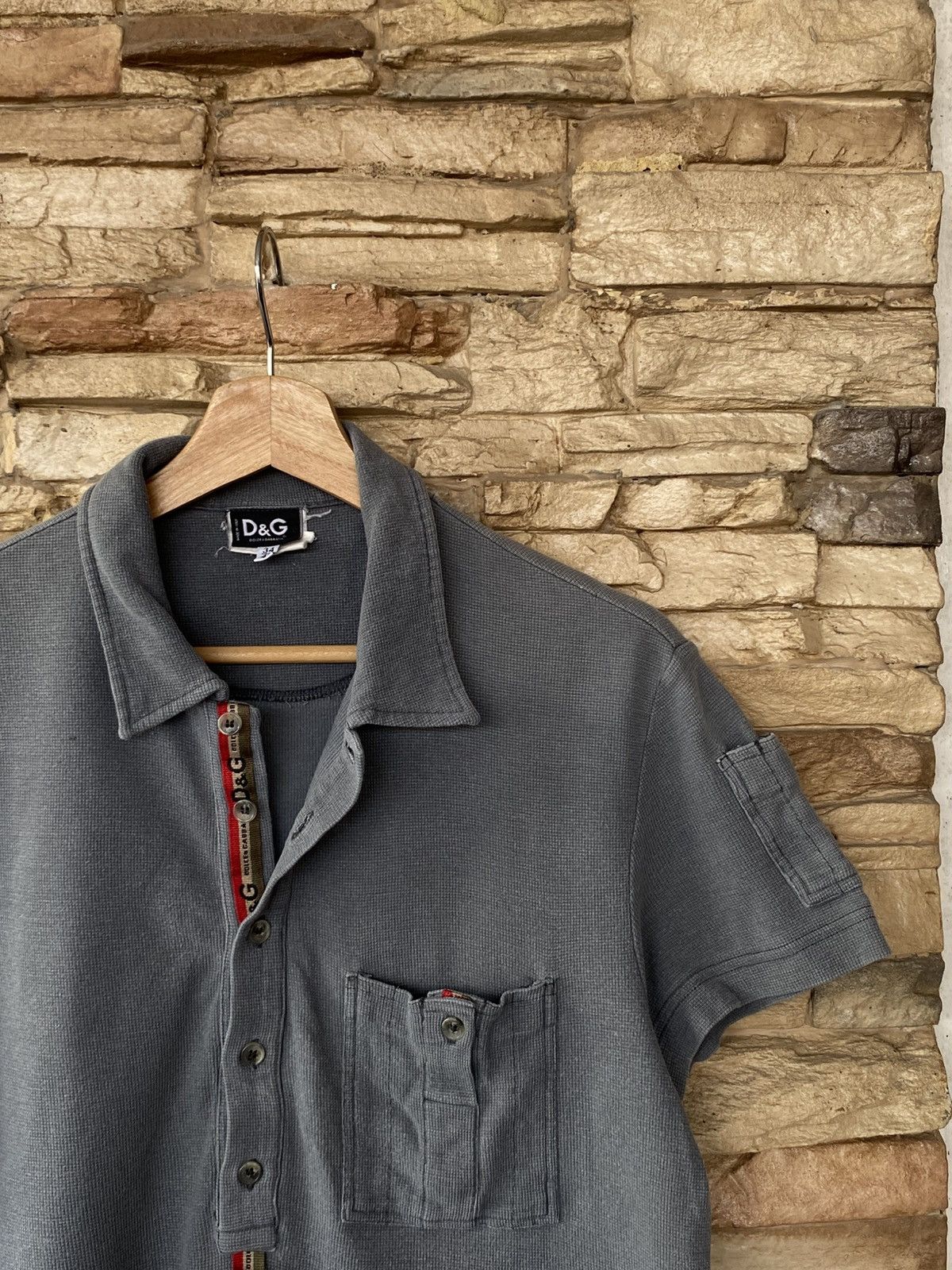 Vintage D&G Dolce & Gabbana Grey Short Sleeve Military Style Pocket Faded Grey Polo Shirt