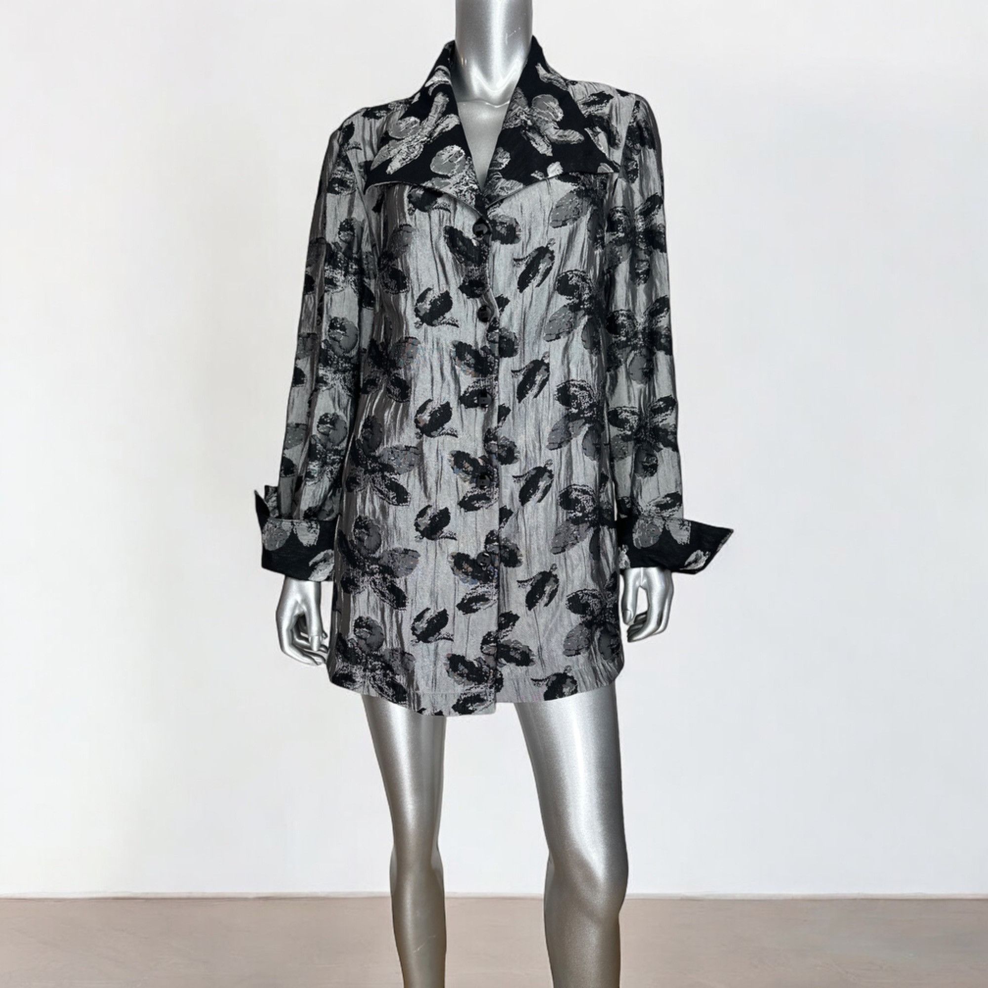 Vintage Criselda Lontok Gray & Black Floral Button-Front Tunic Jack Size XL / US 12-14 / IT 48-50 - 2 Thumbnail