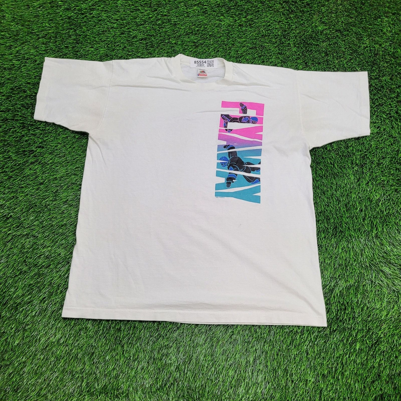 Fruit Of The Loom VTG 90s Fly-Away Skydiving Shirt L/XL USA White Pink Neon Size US XL / EU 56 / 4 - 1 Thumbnail