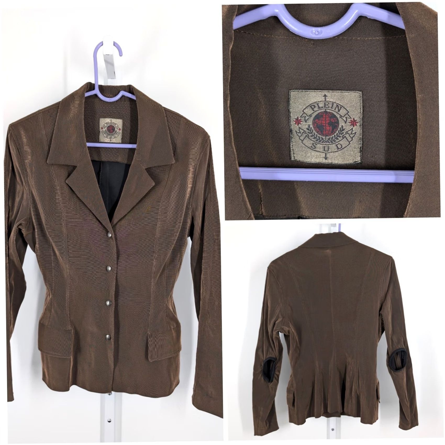 plein sud VINTAGE Plein Sud Blazer Womens 90s Brown Lycra Metallic 10 Stretch Snap Jacket Size L / US 10 / IT 46 - 2 Thumbnail