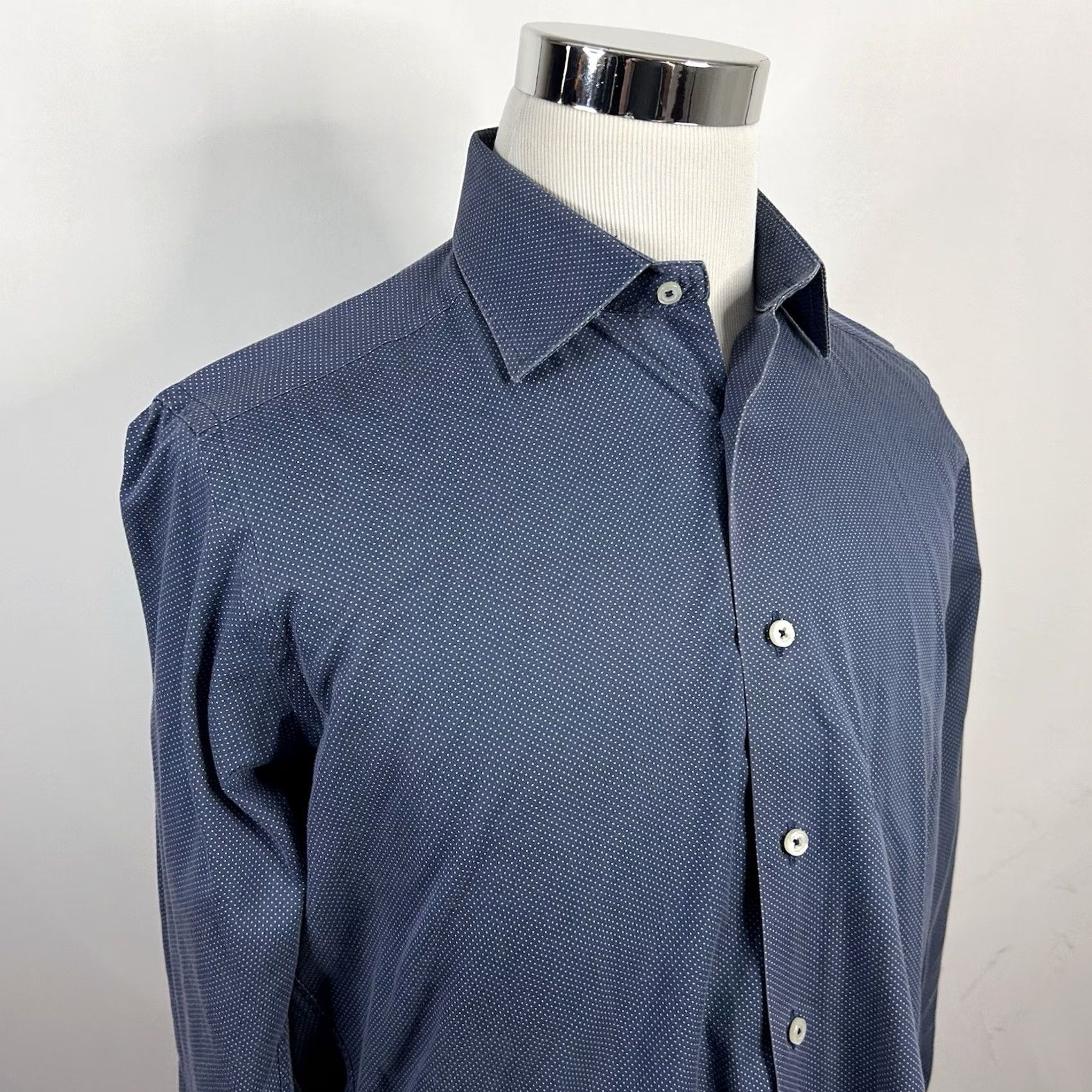 David Donahue David Donahue Dress Shirt 16.5 32/33 Blue White Polka Dot 100% Cotton Slim Knit Shirt Mens Size 46R - 2 Thumbnail
