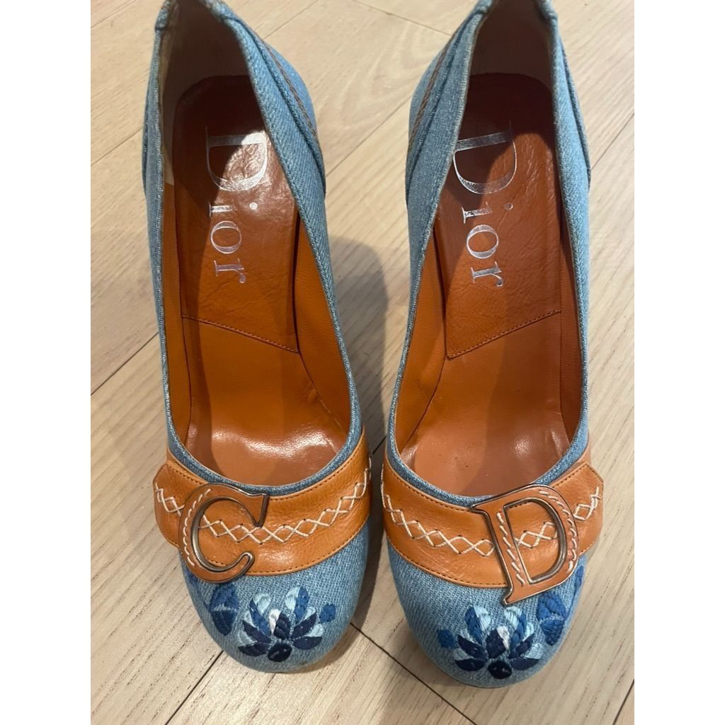 Dior Christian Dior Womens Denim & Leather Heels With Embroidered Size US 5 / IT 35 - 6 Thumbnail