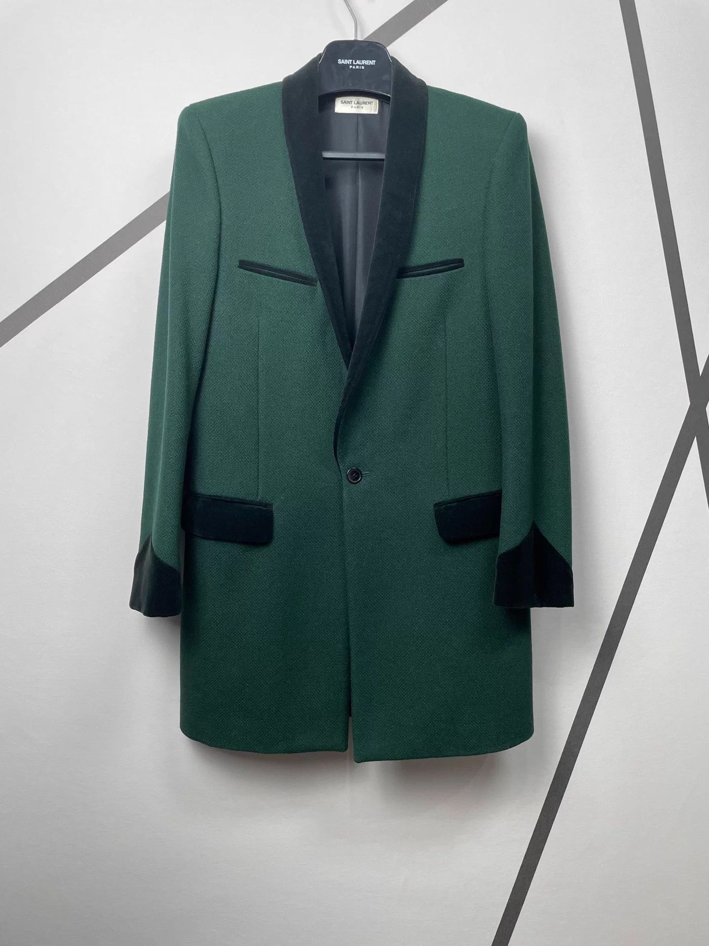 Saint Laurent Paris SLP style black velvet melon collar green wool coat, Size US L / EU 52-54 / 3 - 1 Thumbnail