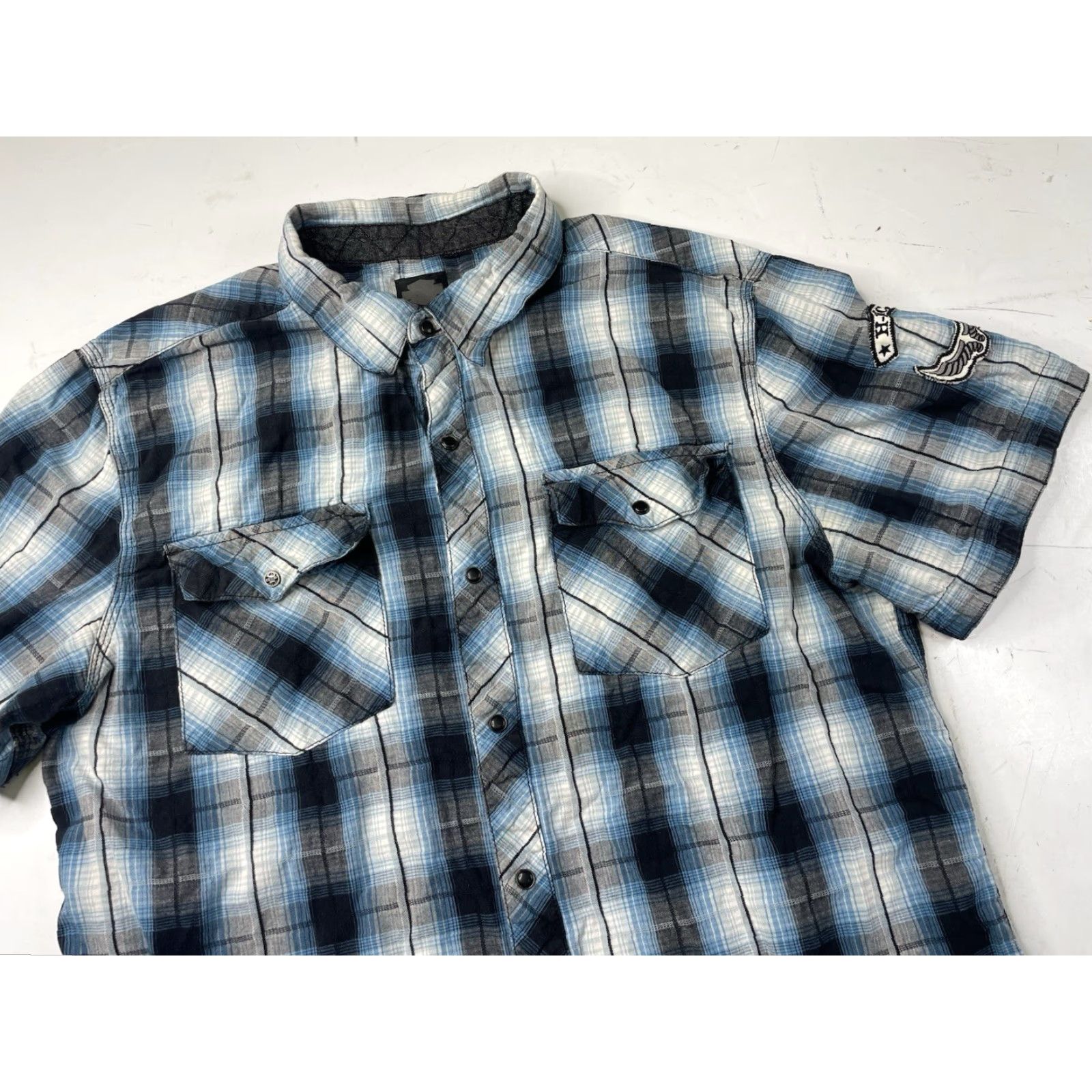 Harley Davidson Harley-Davidson Shirt XL Men Plaid Short Sleeve Button Up Blue Black with Embroidered Patches Size US XL / EU 56 / 4 - 2 Thumbnail