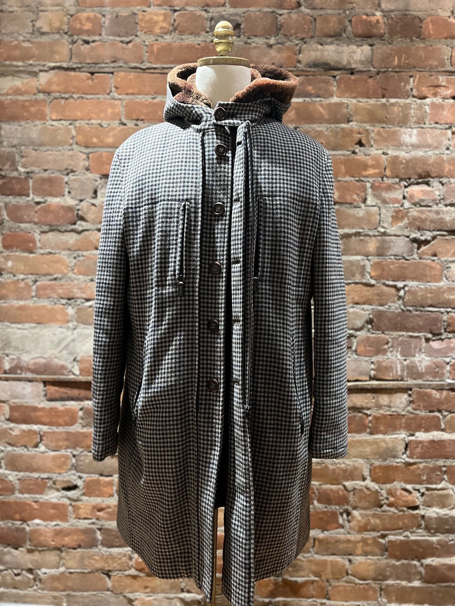 Etro ETRO Milano Wool Blend Houndstooth Coat with Shearling Hood Size US L / EU 52-54 / 3 - 1 Thumbnail