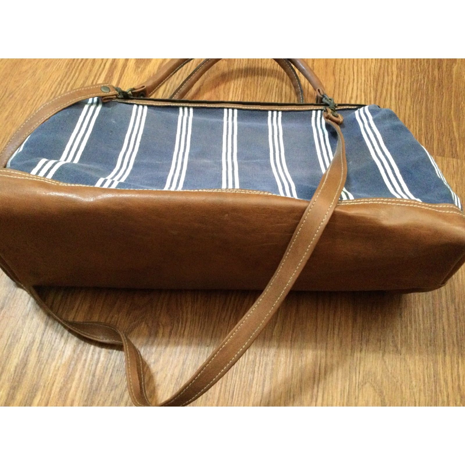 Vintage VINTAGE Dover Bag Oversize Tote Shoulder Blue Striped Handle or Shoulder Women 1970s Art Nouveau Mix Materials Blue Womens Bag Size ONE SIZE - 2 Thumbnail