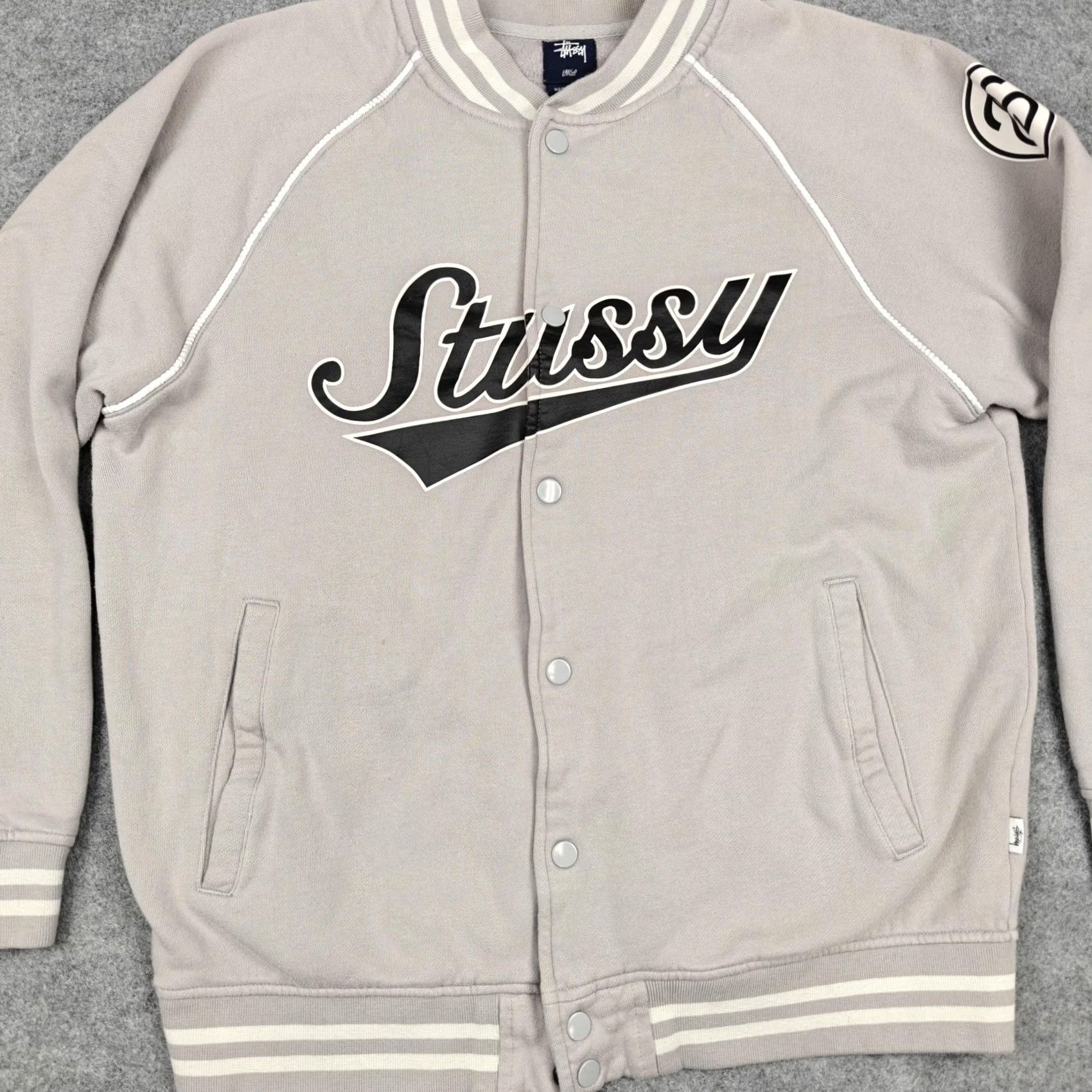 Logo 7 Stussy Jacket Mens Large Gray Fleece Varsity Snap Front Logo Pockets Striped Size US L / EU 52-54 / 3 - 2 Thumbnail