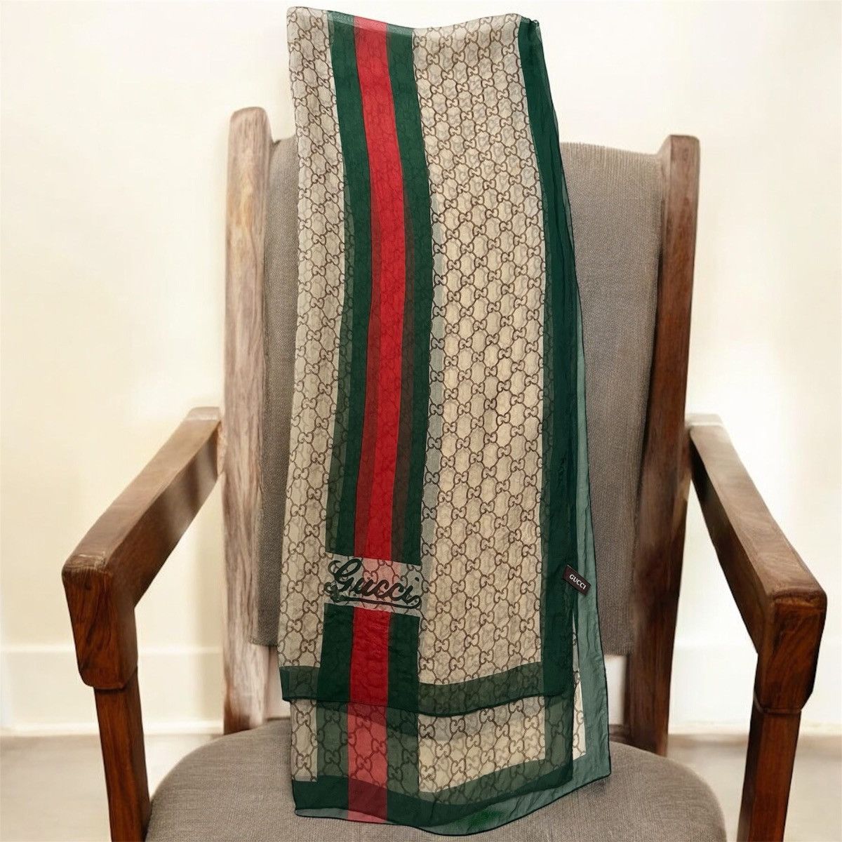 Gucci Authentic GUCCI Full Monogram 100% Silk Scarf 64x25 inchies Size ONE SIZE - 1 Thumbnail