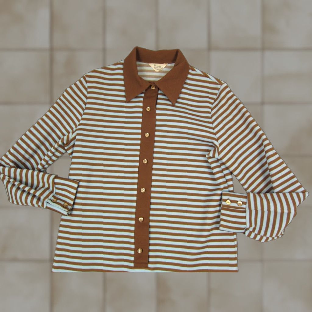 Vintage Queen Casuals Dress Shirt Dress M Brown Blue Striped Vintage 60s 90s Womens Long Sleeve Knit Button Collared Knee Length Casual Pattern Striped Size M / US 6-8 / IT 42-44 - 1 Thumbnail