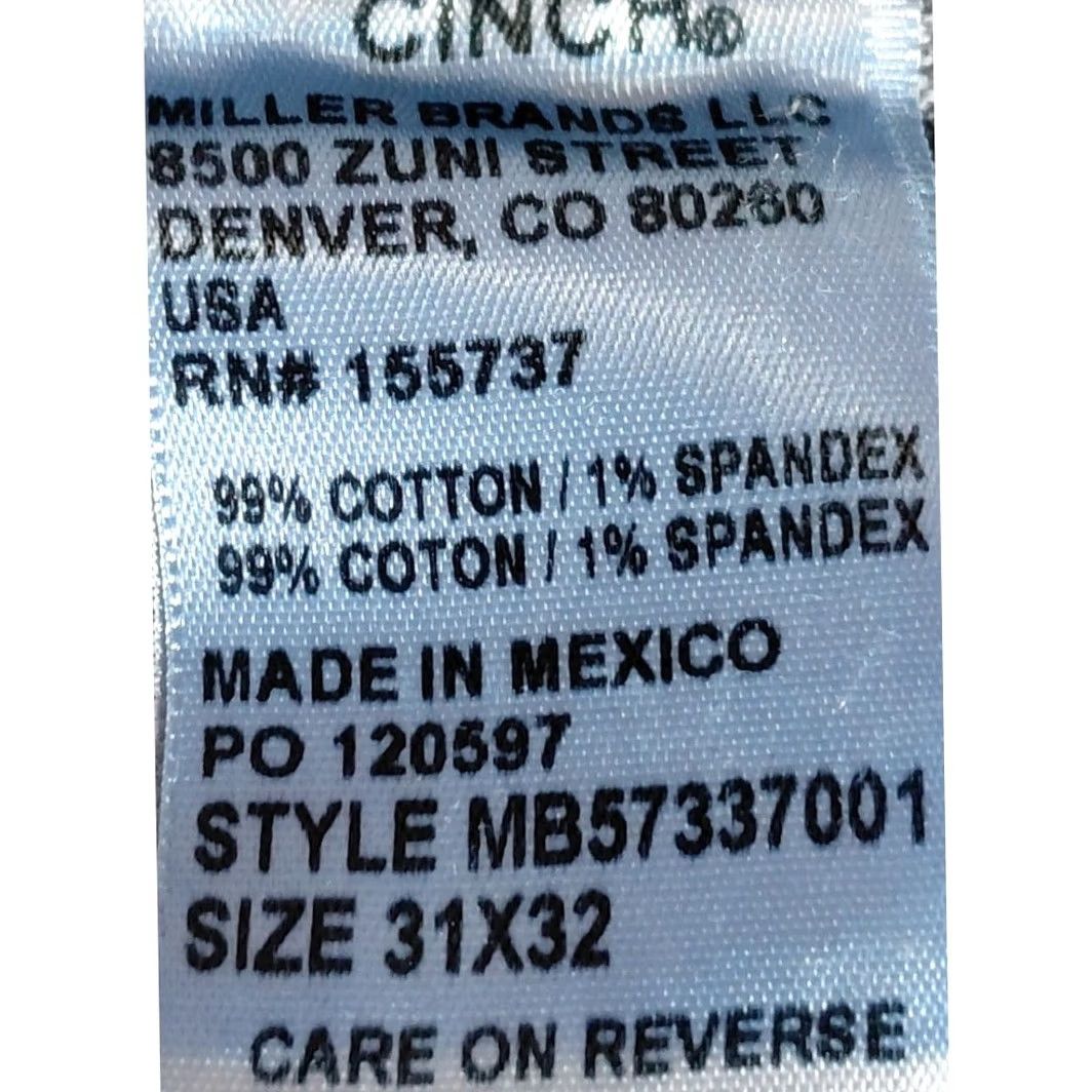 Denime Cinch Jeans Blue Solid Classic Men 31X32 Denim Stretch Regular Front Zip Zip Closure M/L Rise Mid 10-12 in Size US 31 - 7 Thumbnail