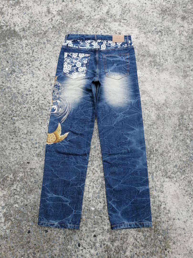 Designer × Japanese Brand Fugutaiten Wagara Koi Fish Embroidered Denim Jeans Size US 31 - 5 Thumbnail
