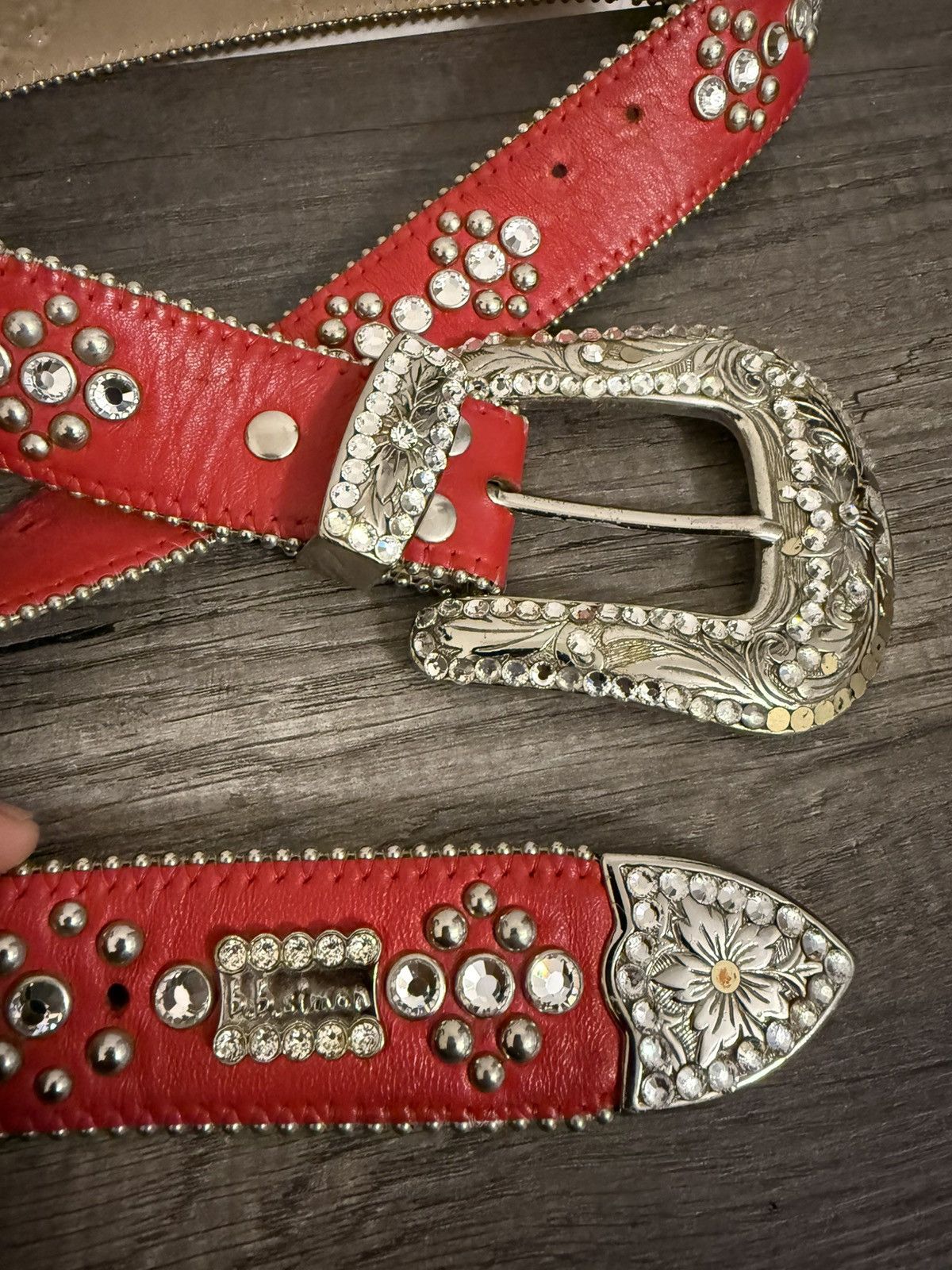 B.B. Simon Discontinued Baby Simon red leather belt with skull & sword Size 32 - 5 Thumbnail