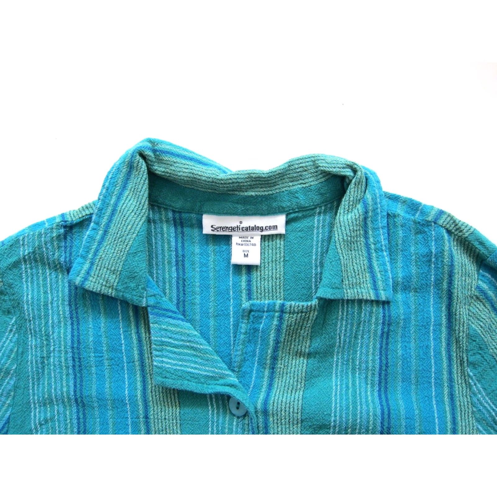 Vintage Serengeti Catalog.com 100% Cotton Green Blue Stripe Button Short Sleeve Blouse M Women's Shirt Blouse Green Stripe 90s Event 80s? Size M / US 6-8 / IT 42-44 - 3 Thumbnail