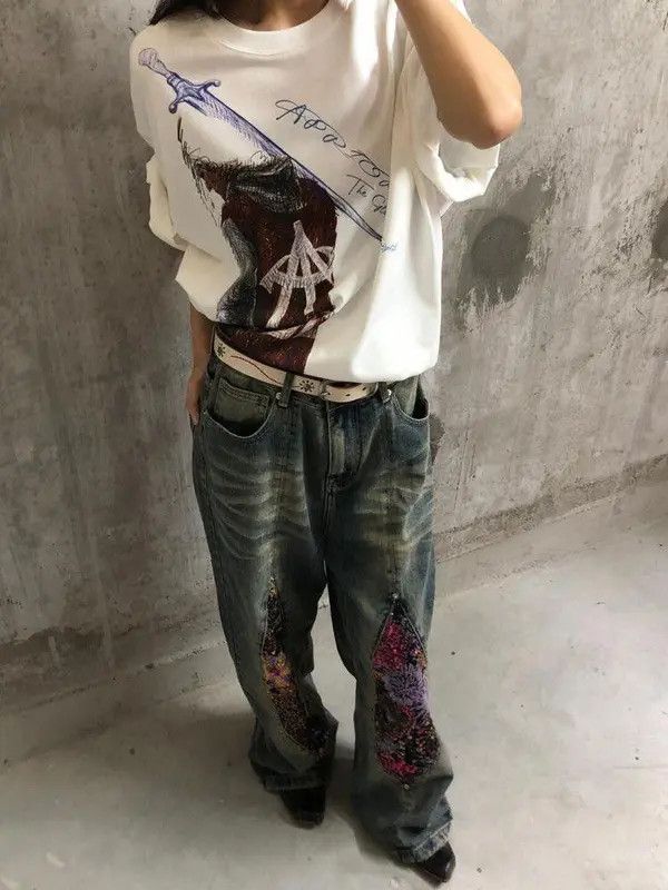 Jean Miyahara x Mako Baggy Patchwork Embellished Wide Leg Jeans Size US 32 / EU 48 - 7 Thumbnail
