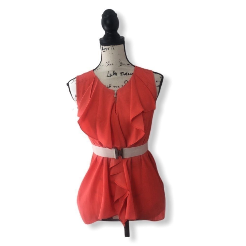 Bcbgmaxazria BCBGMAXAZRIA Steacy Ruffle Tank Top Coral Orange Zip Front S Size XS / US 0-2 / IT 36-38 - 3 Thumbnail