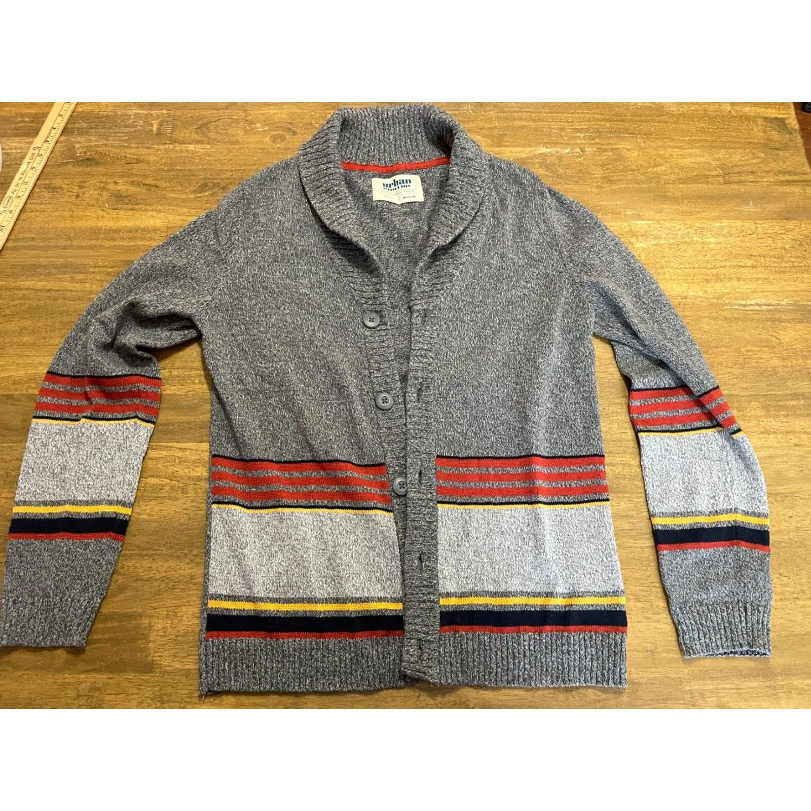 Vintage Urban Pipeline Sweater Cardigan Women's M Gray Yellow Orange Button Long Sleeve Open Size M / US 6-8 / IT 42-44 - 2 Thumbnail