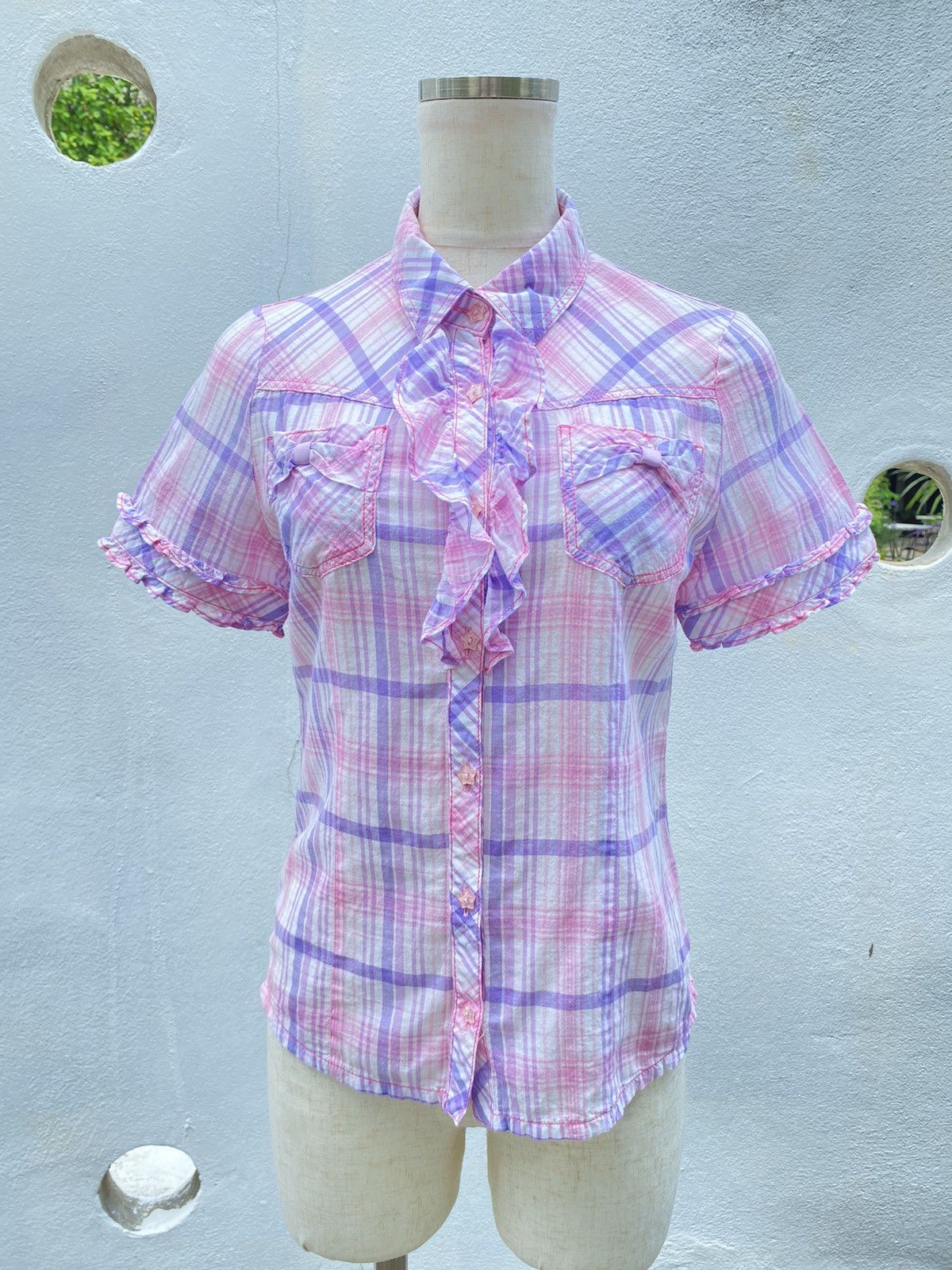Designer × Japanese Brand Mezzo Piano Y2K Pink & Purple Plaid Ruffle Shirt Size ONE SIZE - 1 Thumbnail