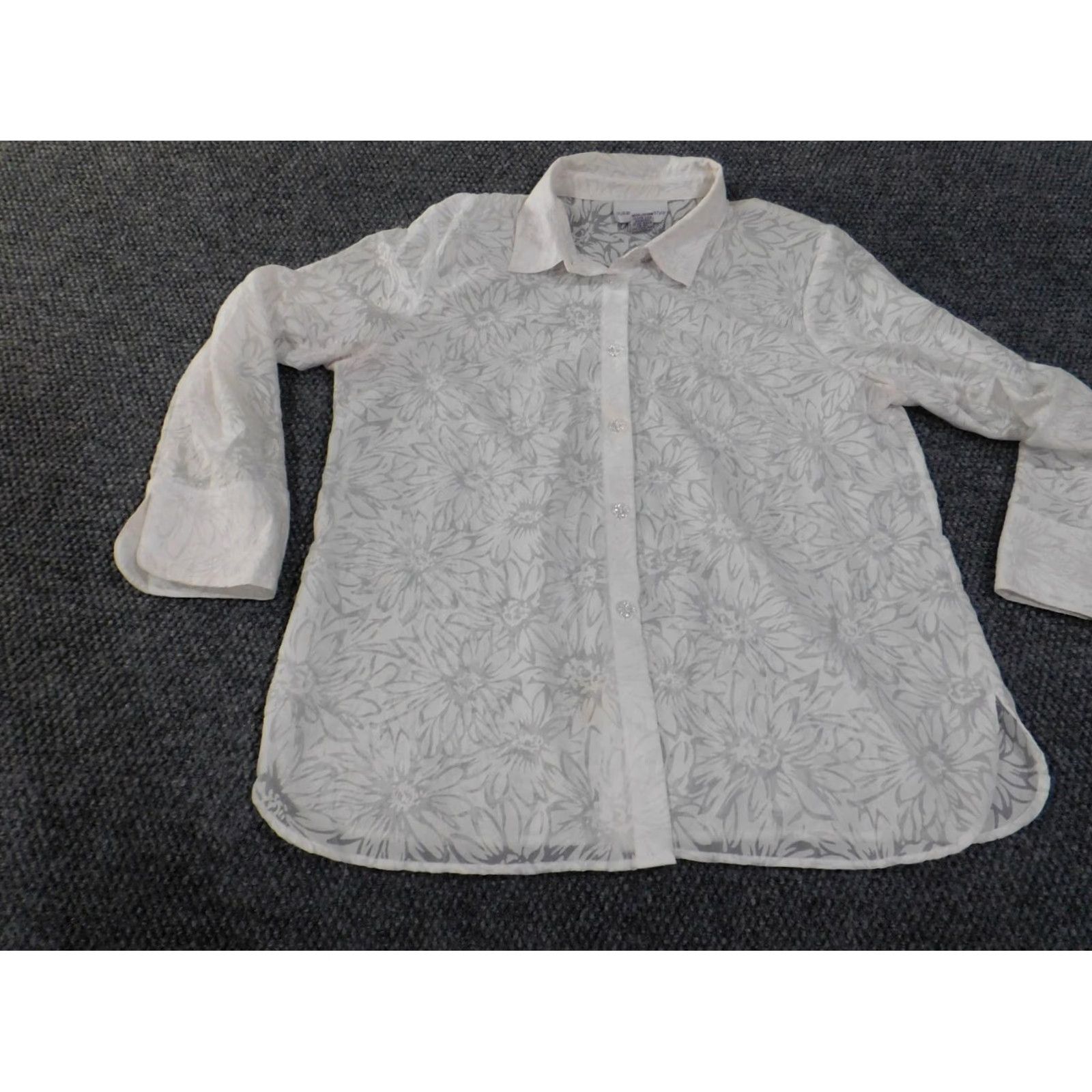 Vintage Susan Graver Button-Up Shirt Womens Large White Floral Sheer Knit Polyester Casual Long Sleeve Collared Size L / US 10 / IT 46 - 3 Thumbnail