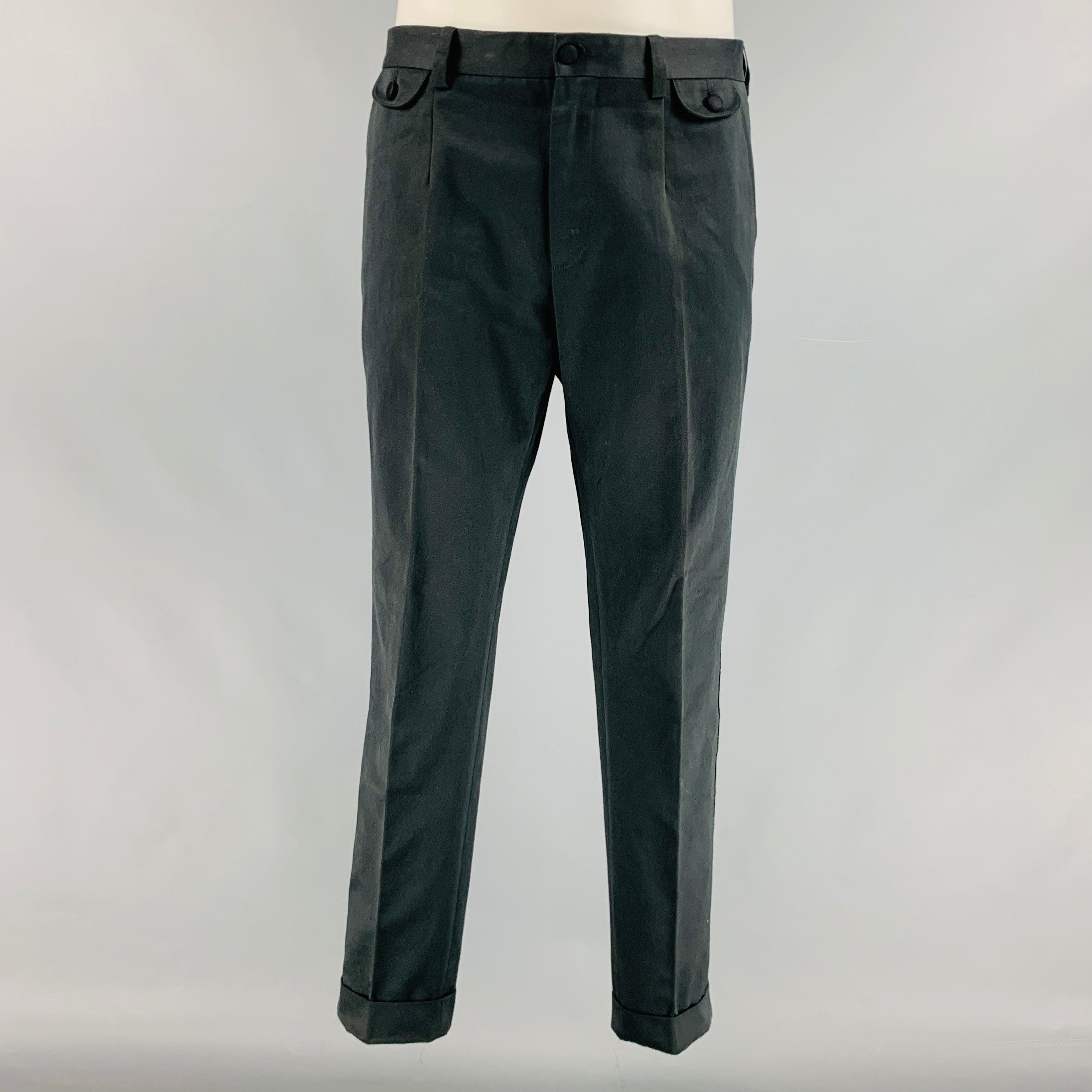 image of Dolce Gabbana Black Solid Cotton Tuxedo Dress Pants, Men's (Size 32)