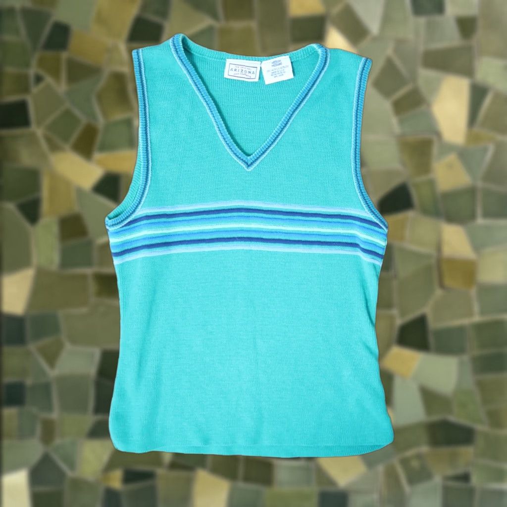 Vintage VINTAGE 90s Arizona Jean Co teal green blue striped knit sweater vest tank M Womens Casual Grunge V-neck Acrylic Made in USA 1990s Size M / US 6-8 / IT 42-44 - 1 Thumbnail