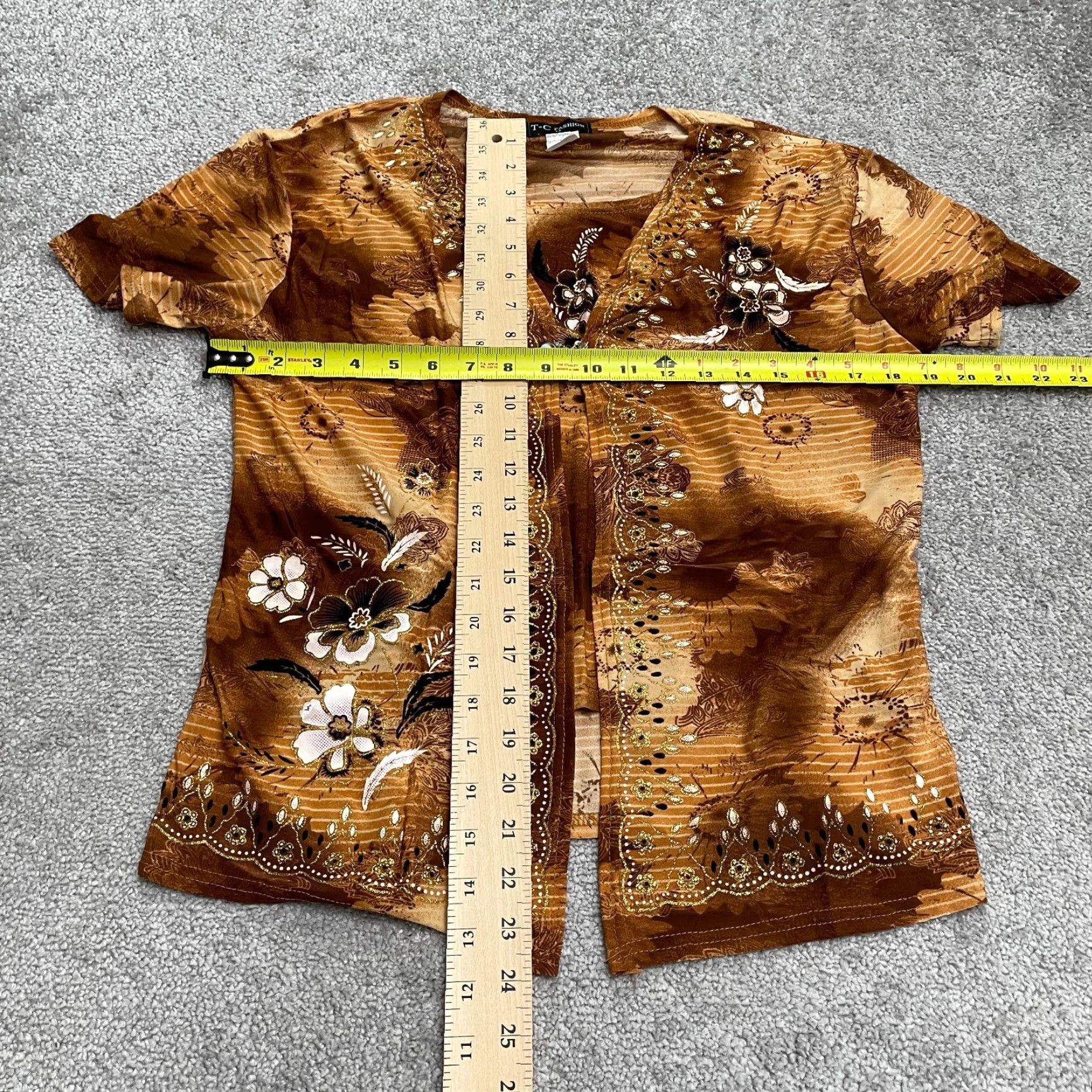 Vintage T-C Fashion Open Cover Up Top Womens Medium Brown Floral Casual Bohemian Knit V-Neck Short Sleeve Lightweight Stretch Shirt Blouse Beach Kimono Size M / US 6-8 / IT 42-44 - 7 Thumbnail