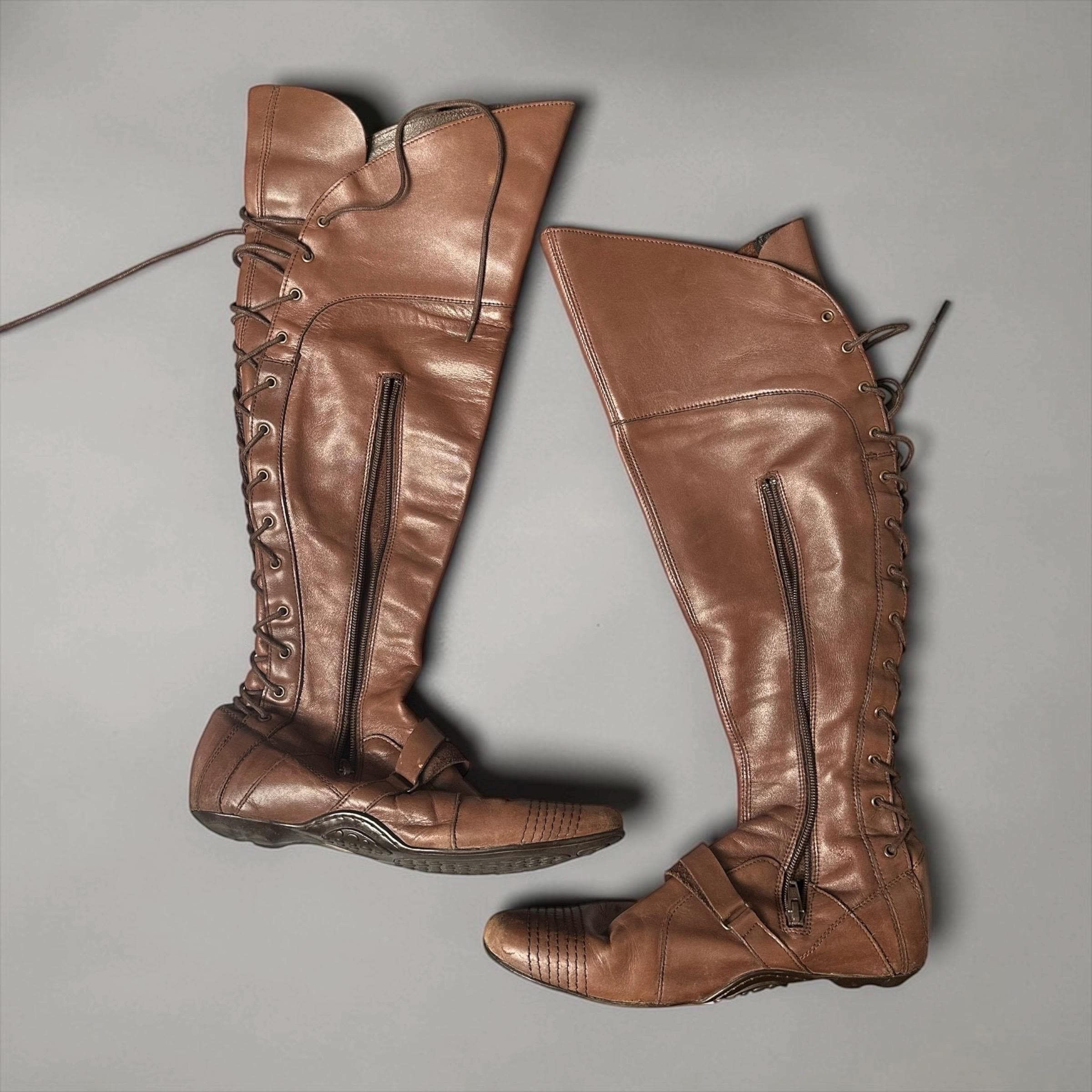 A. A. Spectrum The Leather Knee High Corset Zig Zag Lacing Flat Boots Size US 9 / IT 39 - 1 Thumbnail