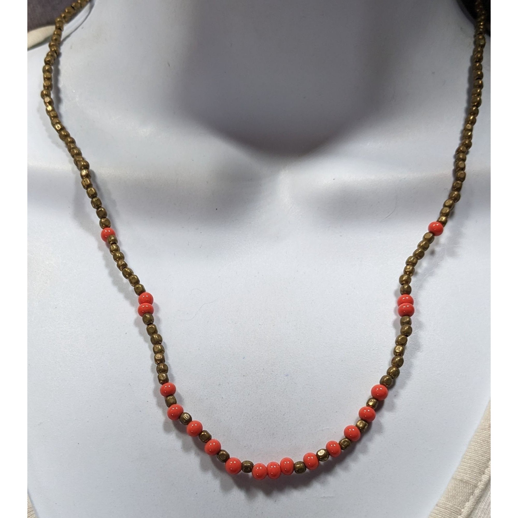 Other Vintage Brass And Coral Glass Beaded Necklace With Spring Cl Size ONE SIZE - 4 Thumbnail